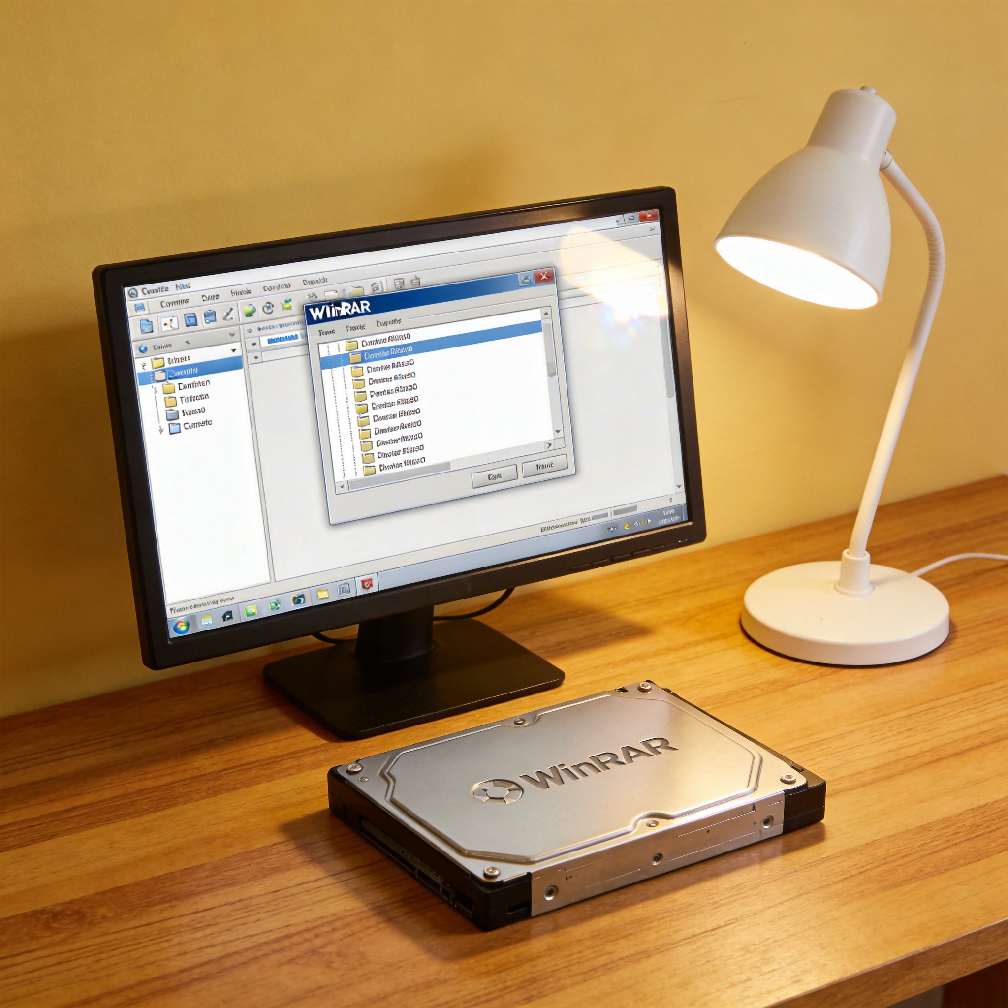 电脑桌上的硬盘，屏幕显示winrar窗口，旁边放着台灯