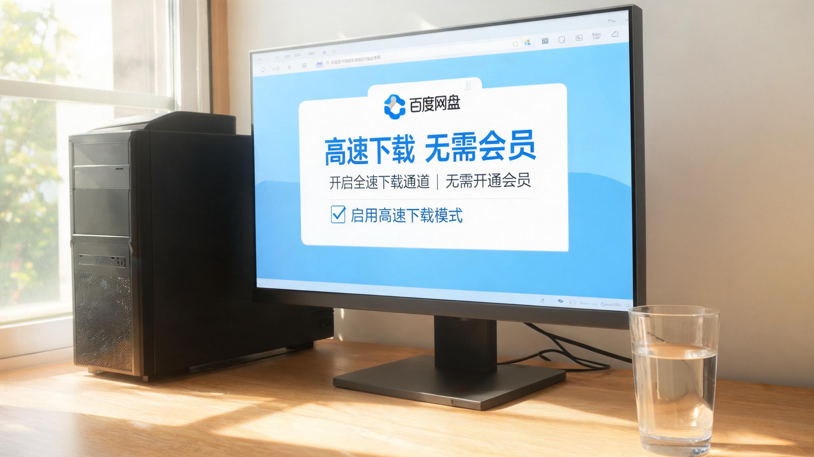 书桌上的主机，屏幕显示百度网盘高速下载无需会员设置界面，桌角放着水杯，自然光