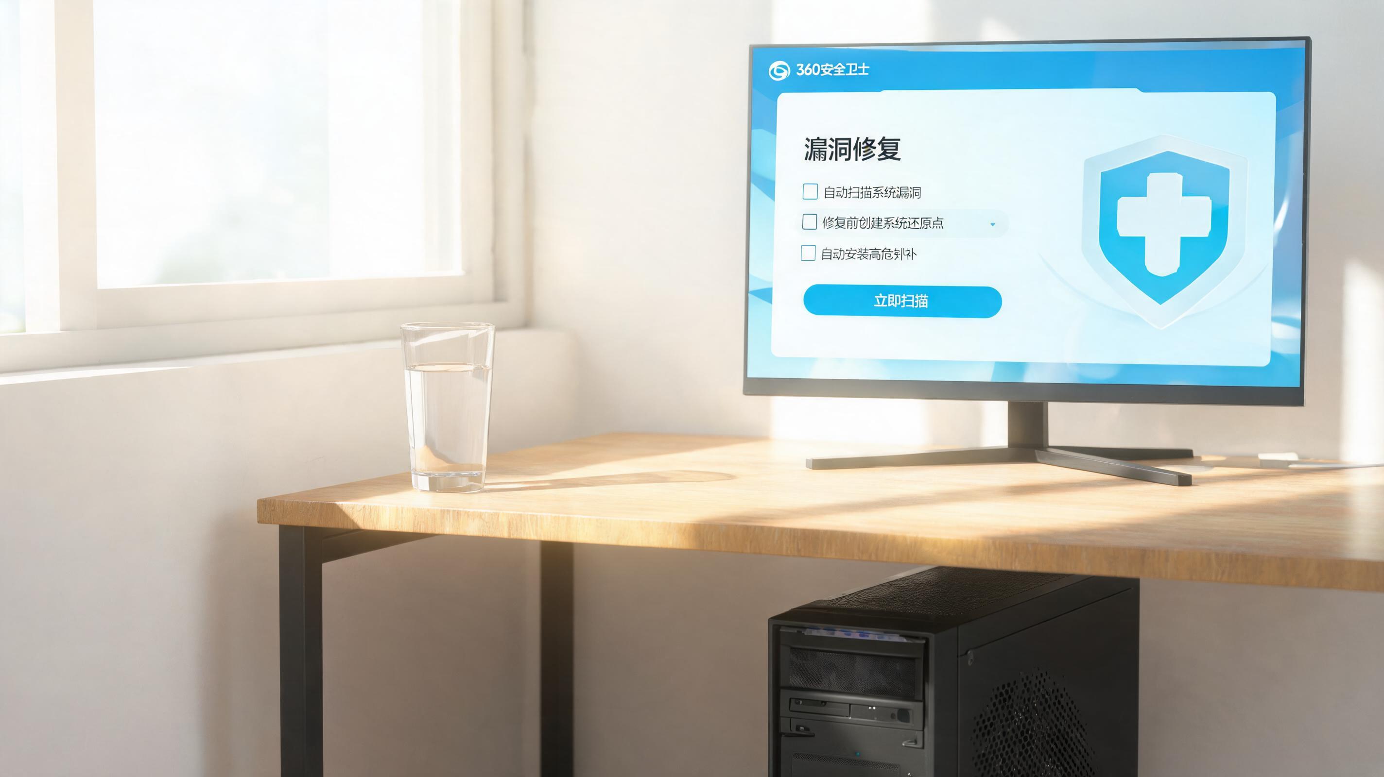书桌上的主机，屏幕显示360 卫士漏洞修复功能设置界面，桌角放着水杯，自然光