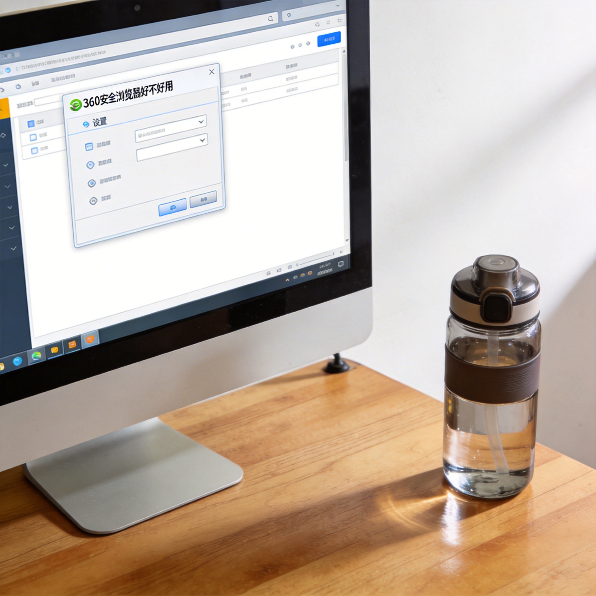 书桌上的主机，屏幕显示360 安全浏览器好不好用设置界面，桌角放着水杯，自然光