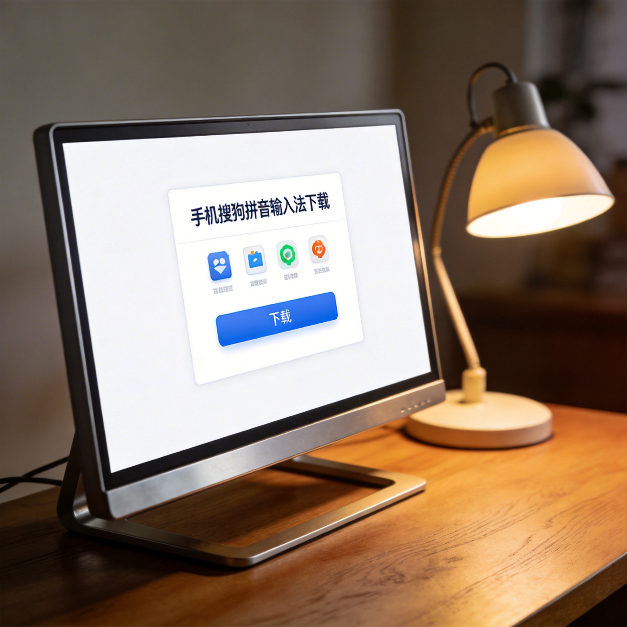 电脑桌上的电脑，屏幕显示手机搜狗拼音输入法下载界面，旁边放着台灯