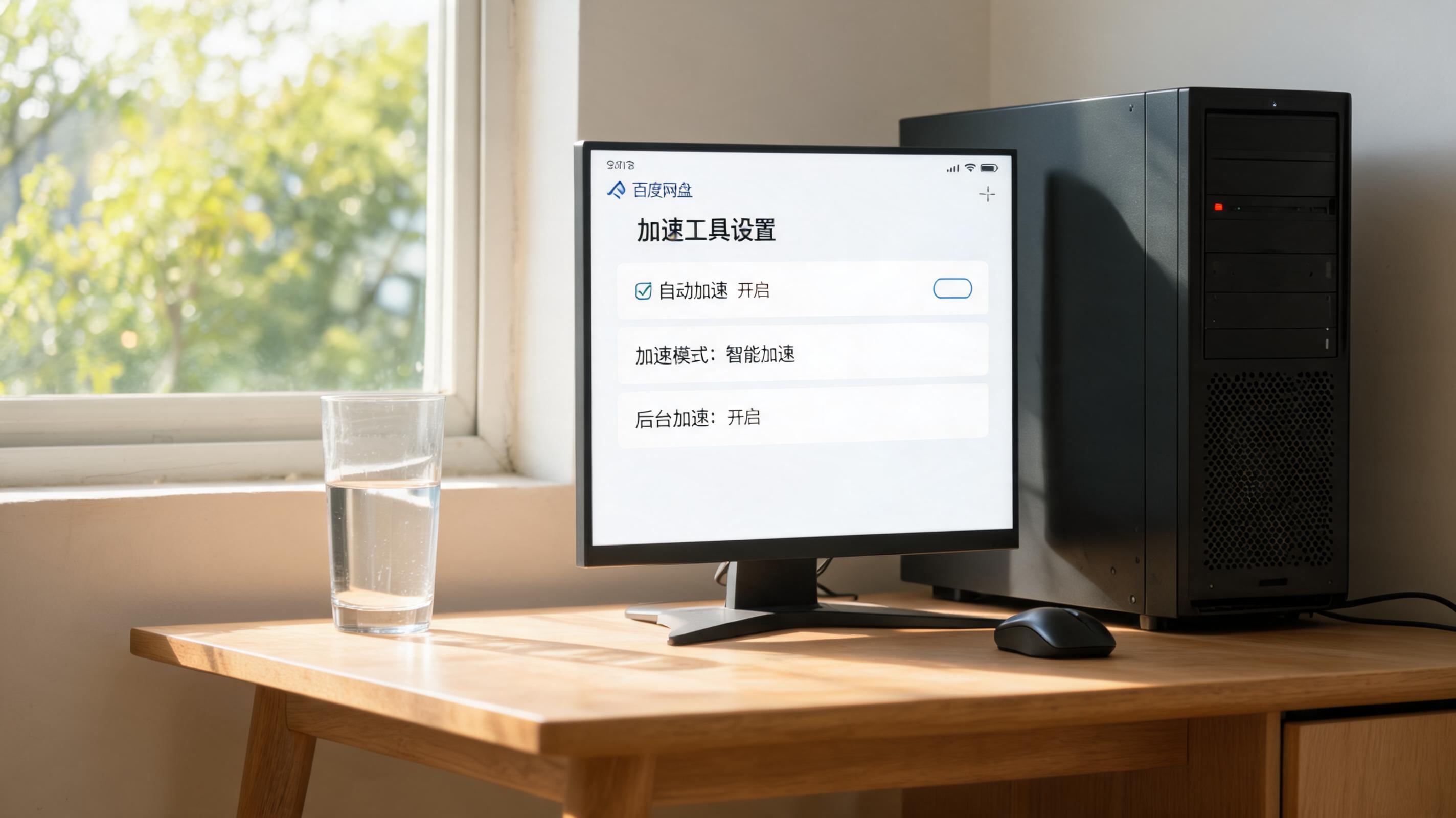 书桌上的主机，屏幕显示百度网盘加速工具手机版设置界面，桌角放着水杯，自然光
