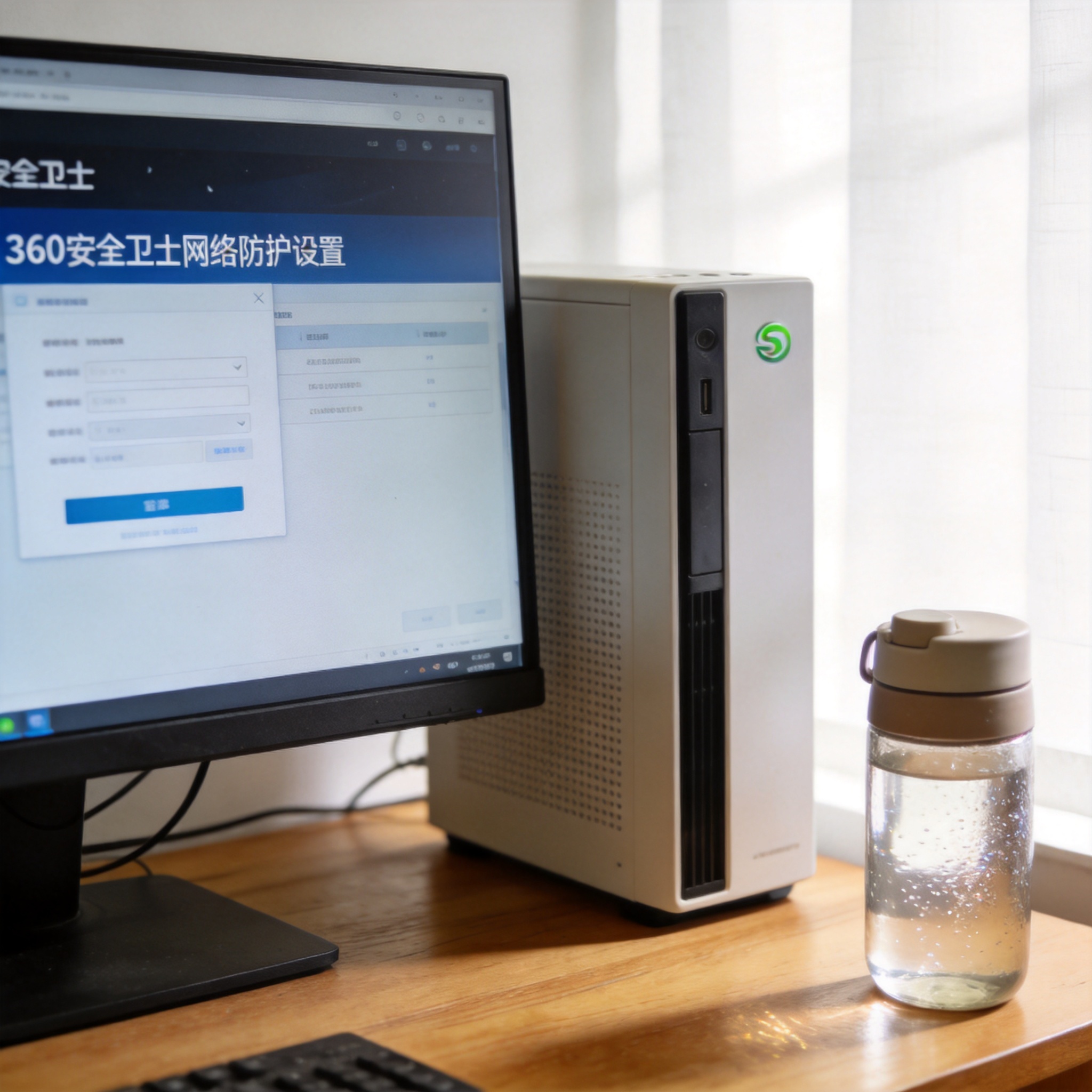 书桌上的主机，屏幕显示360 安全卫士网络防护设置界面，桌角放着水杯，自然光