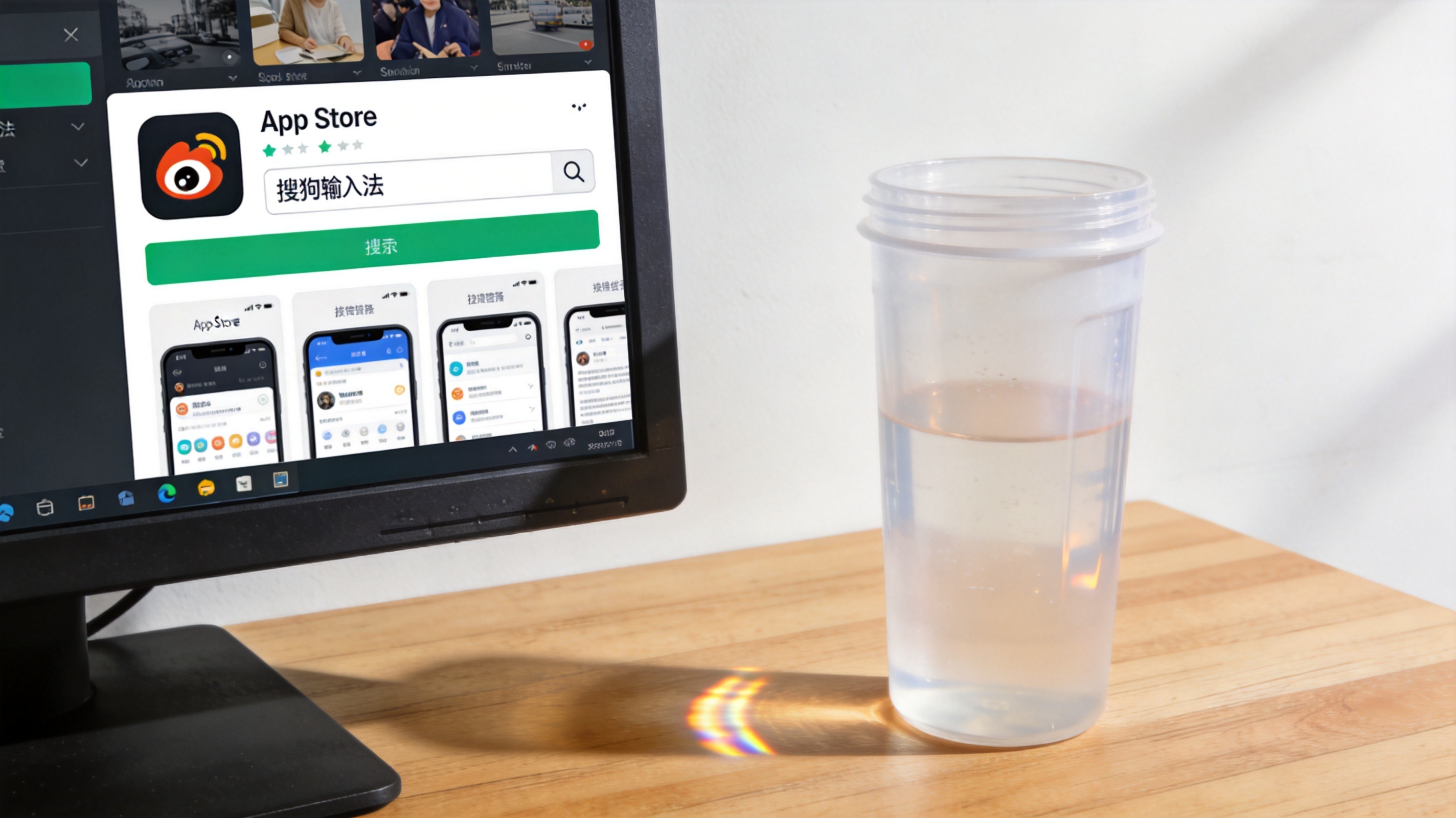 电脑桌的电脑屏幕显示App Store界面，搜索栏输入“搜狗输入法”，桌面放着半透明塑料水杯，室内自然光