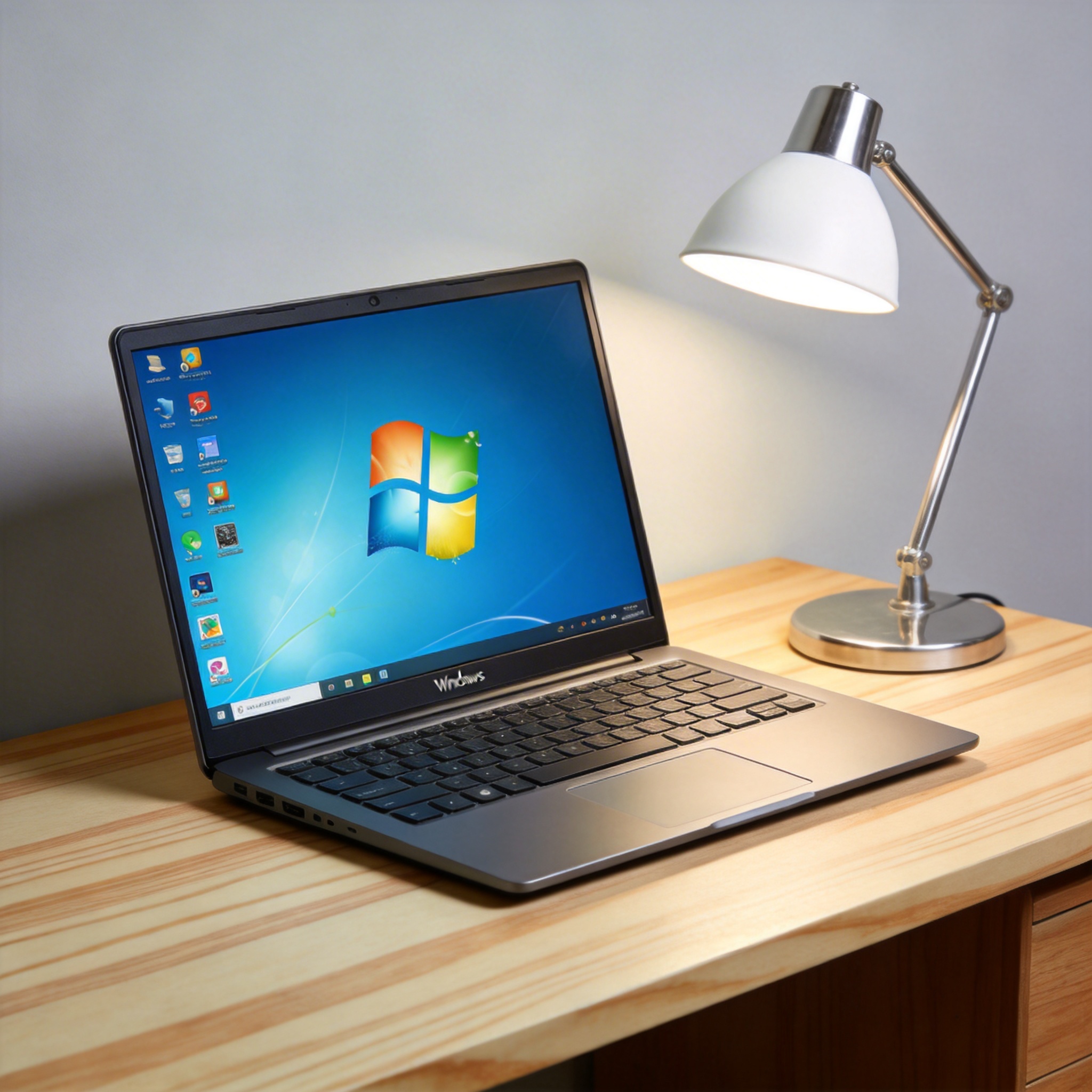 电脑桌上的电脑，屏幕显示Windows界面，旁边放着台灯