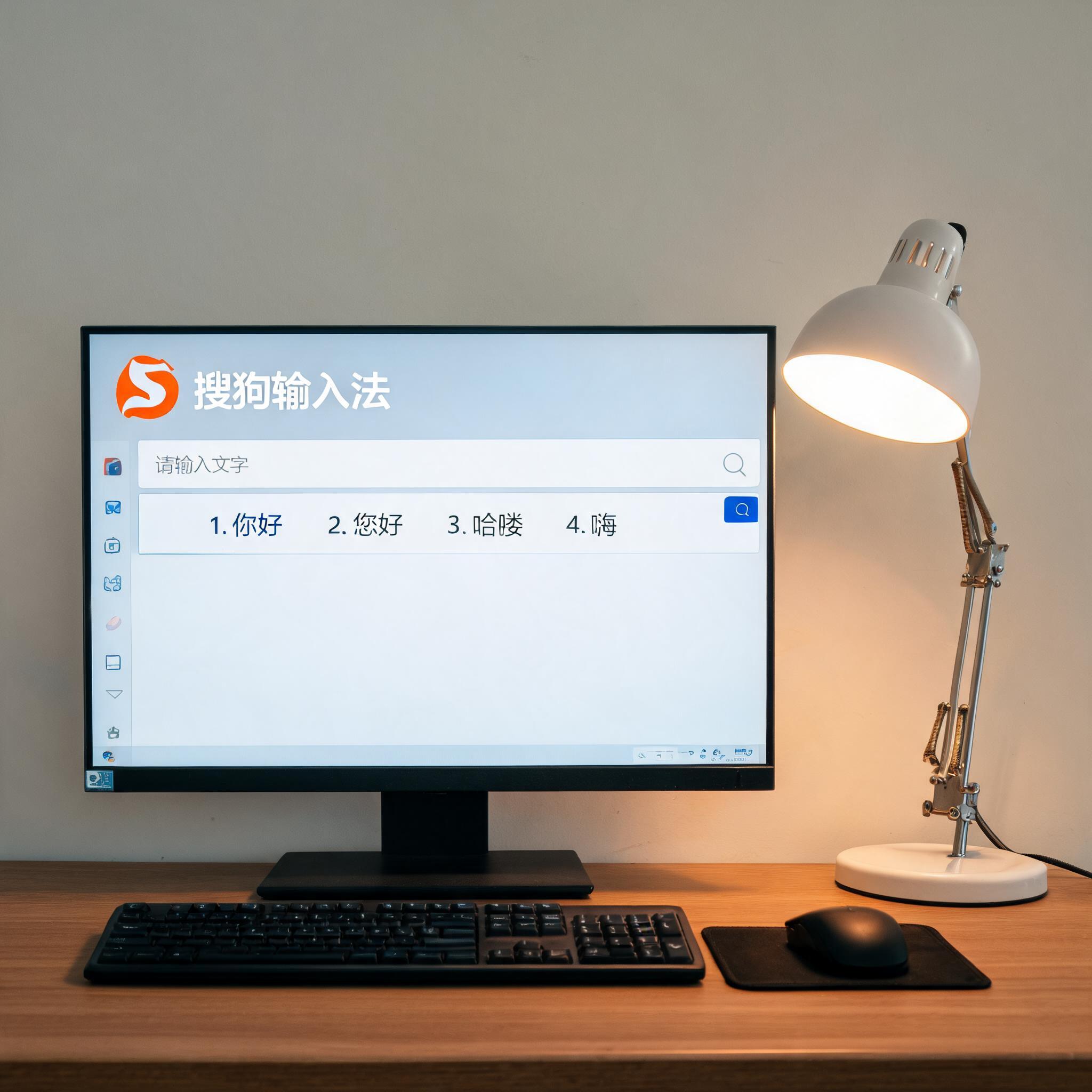 电脑桌上的电脑，屏幕显示搜狗输入法界面，旁边放着台灯