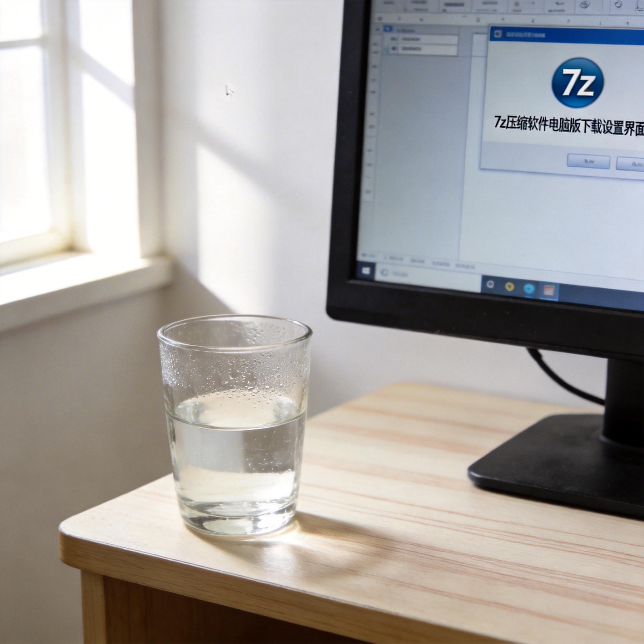 书桌上的电脑，屏幕显示7z 压缩软件电脑版下载设置界面，桌角放着水杯，自然光