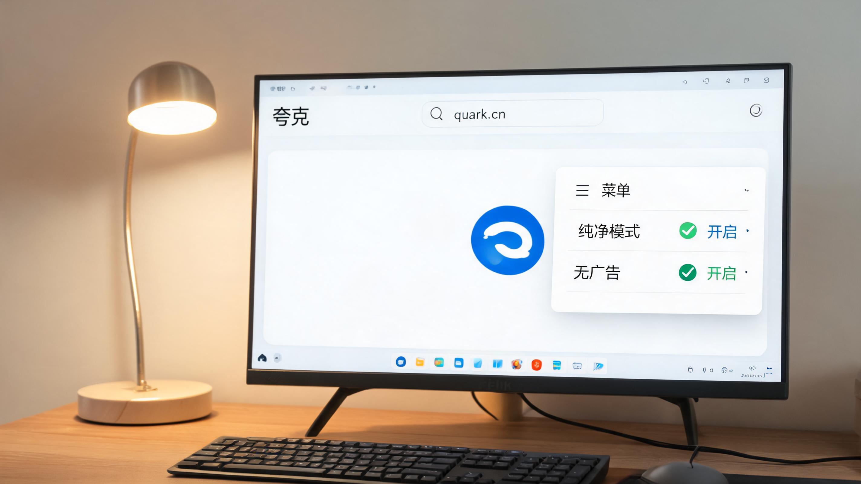 电脑桌上的电脑，屏幕显示夸克浏览器无广告纯净模式菜单，旁边放着台灯