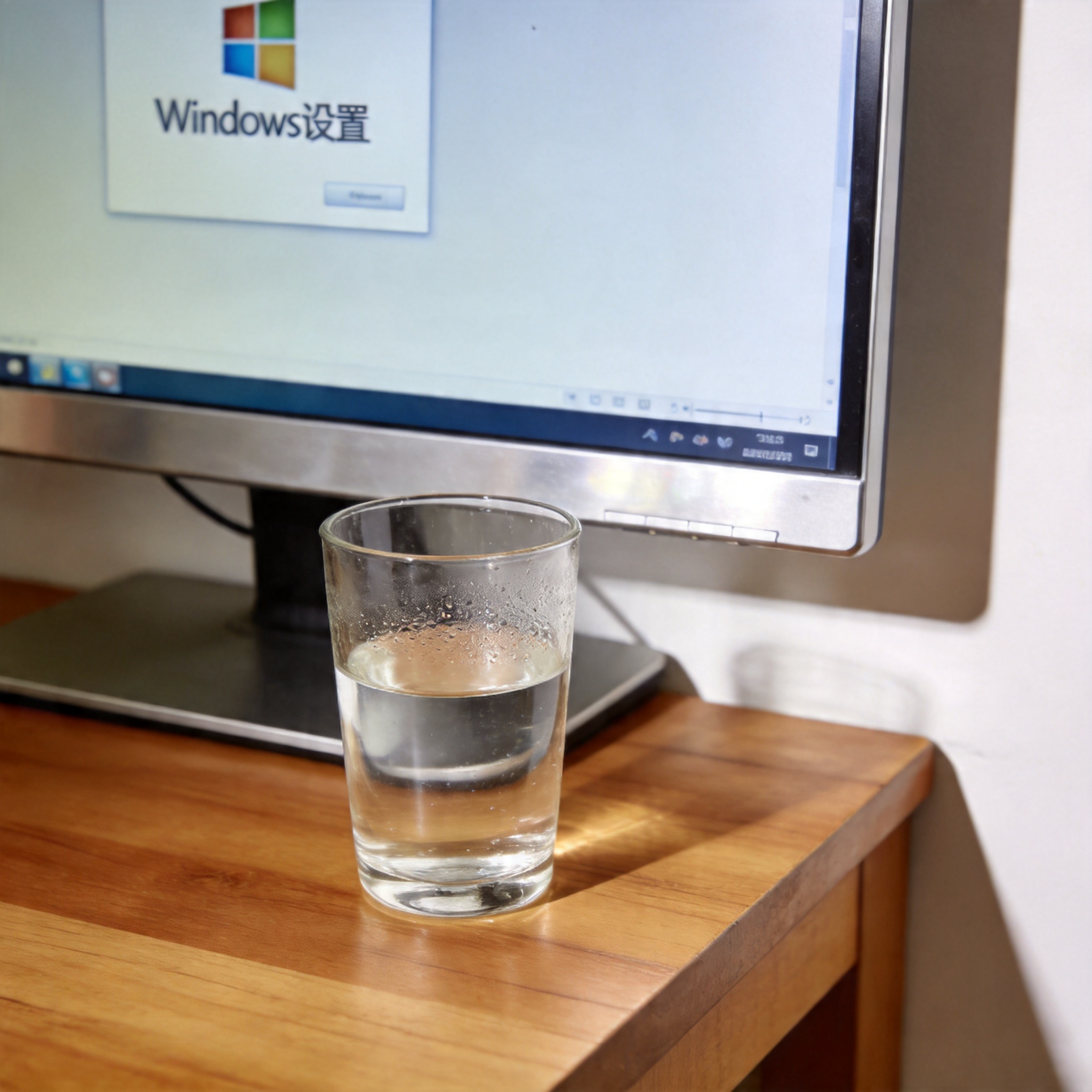书桌上的电脑，屏幕显示Windows设置界面，桌角放着水杯，自然光