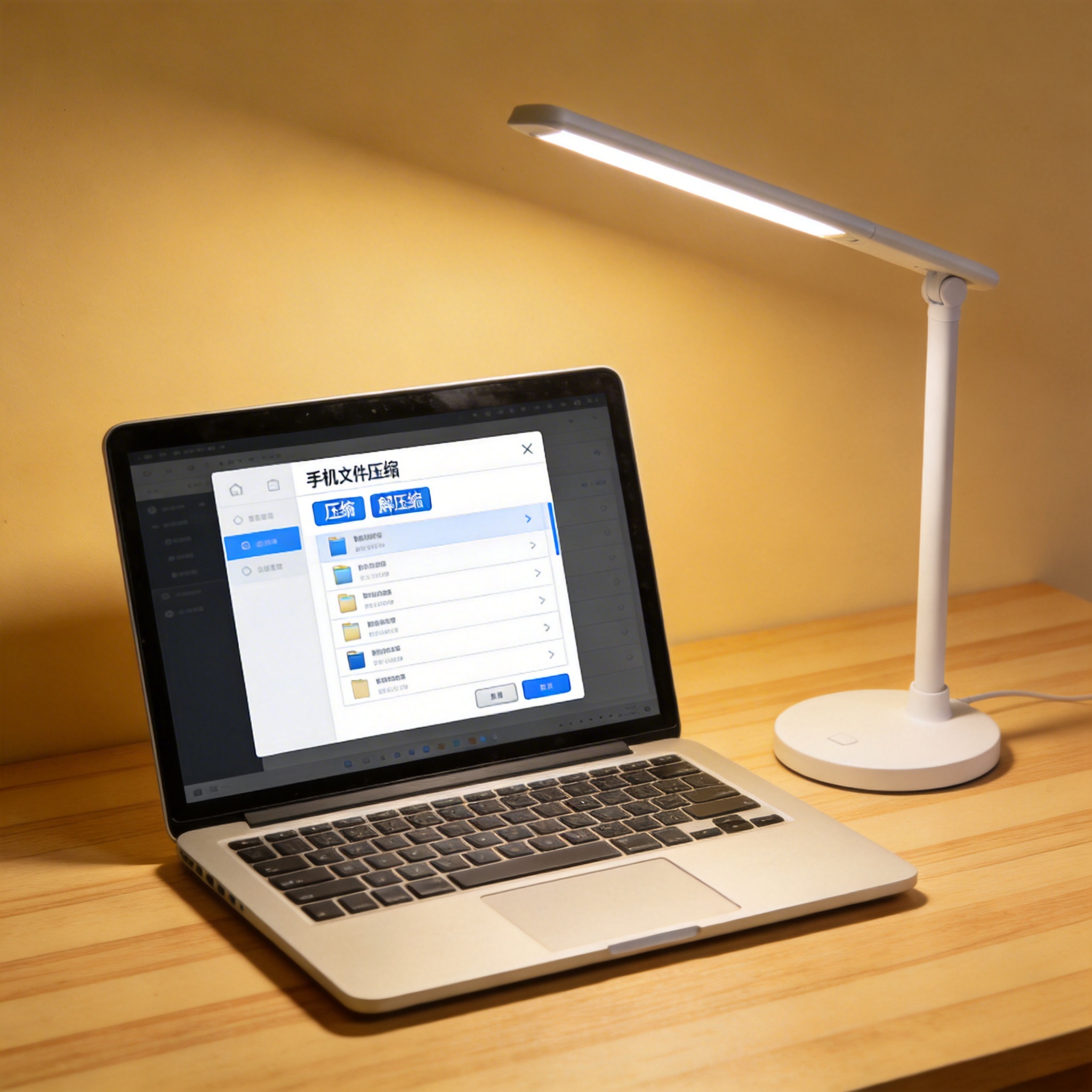 电脑桌上的电脑，屏幕显示手机文件压缩解压缩软件界面，旁边放着台灯