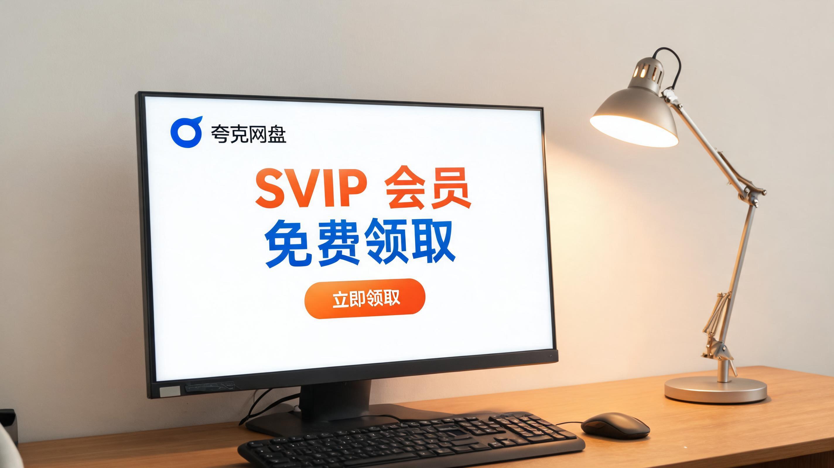 电脑桌上的电脑，屏幕显示夸克网盘 SVIP 会员免费领取界面，旁边放着台灯