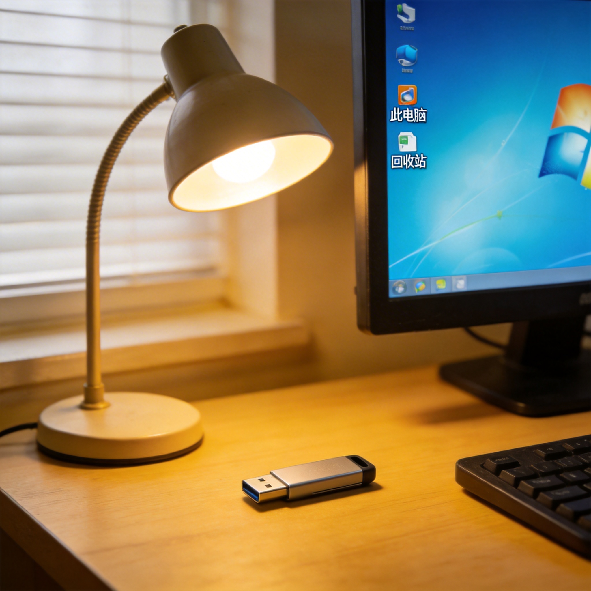 电脑桌上的U盘，屏幕显示Windows界面，旁边放着台灯