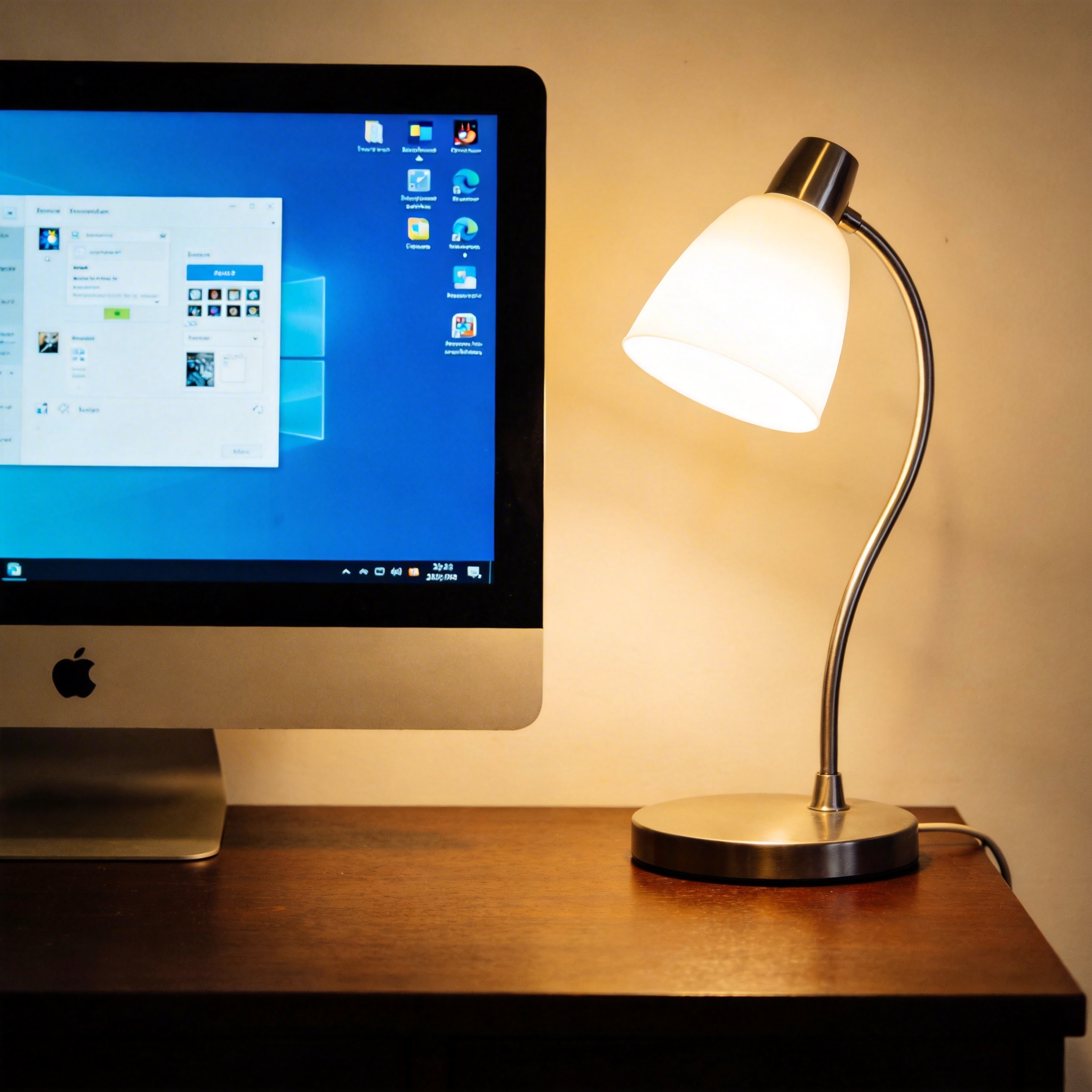 电脑桌上的电脑，屏幕显示Windows界面，旁边放着台灯