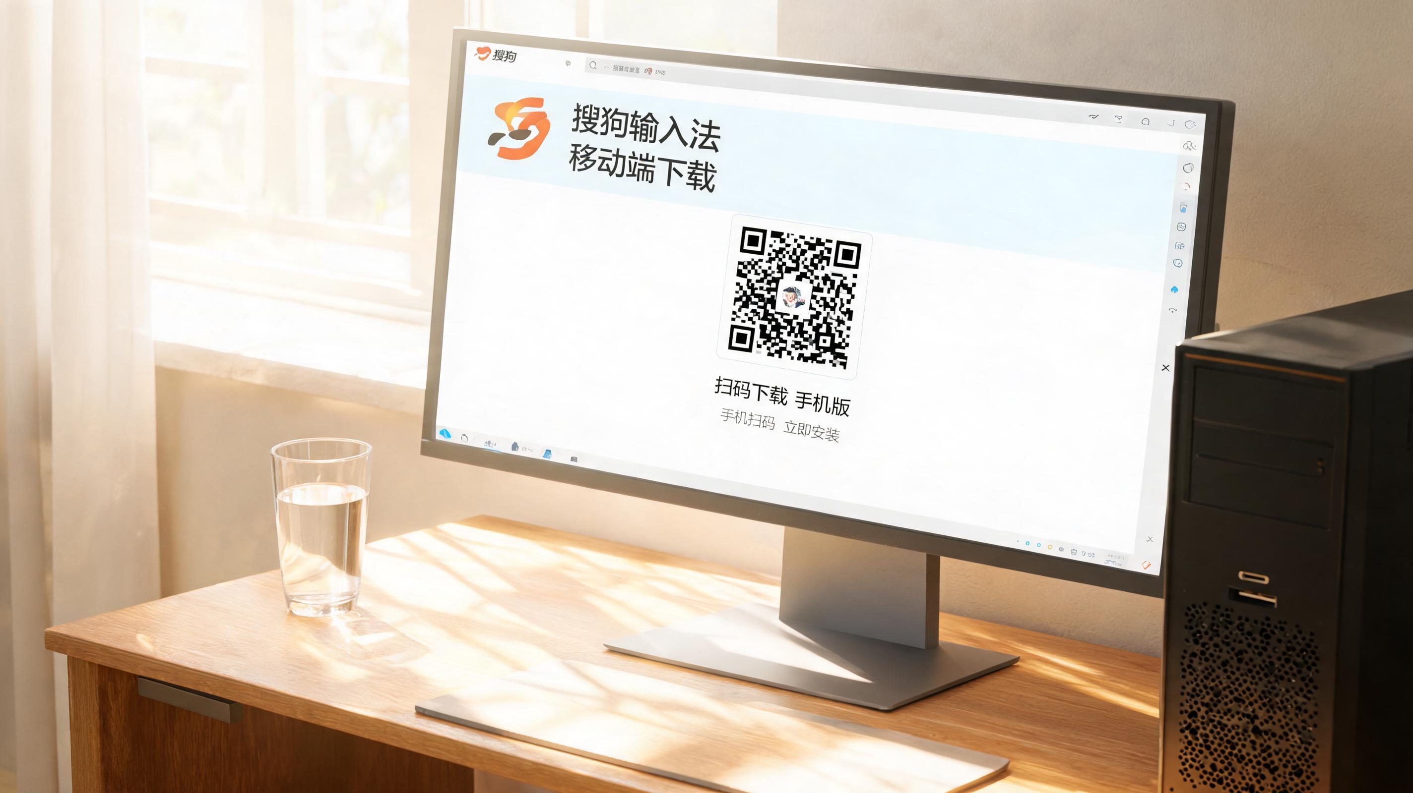 书桌上的主机，屏幕显示移动端搜狗输入法下载设置界面，桌角放着水杯，自然光