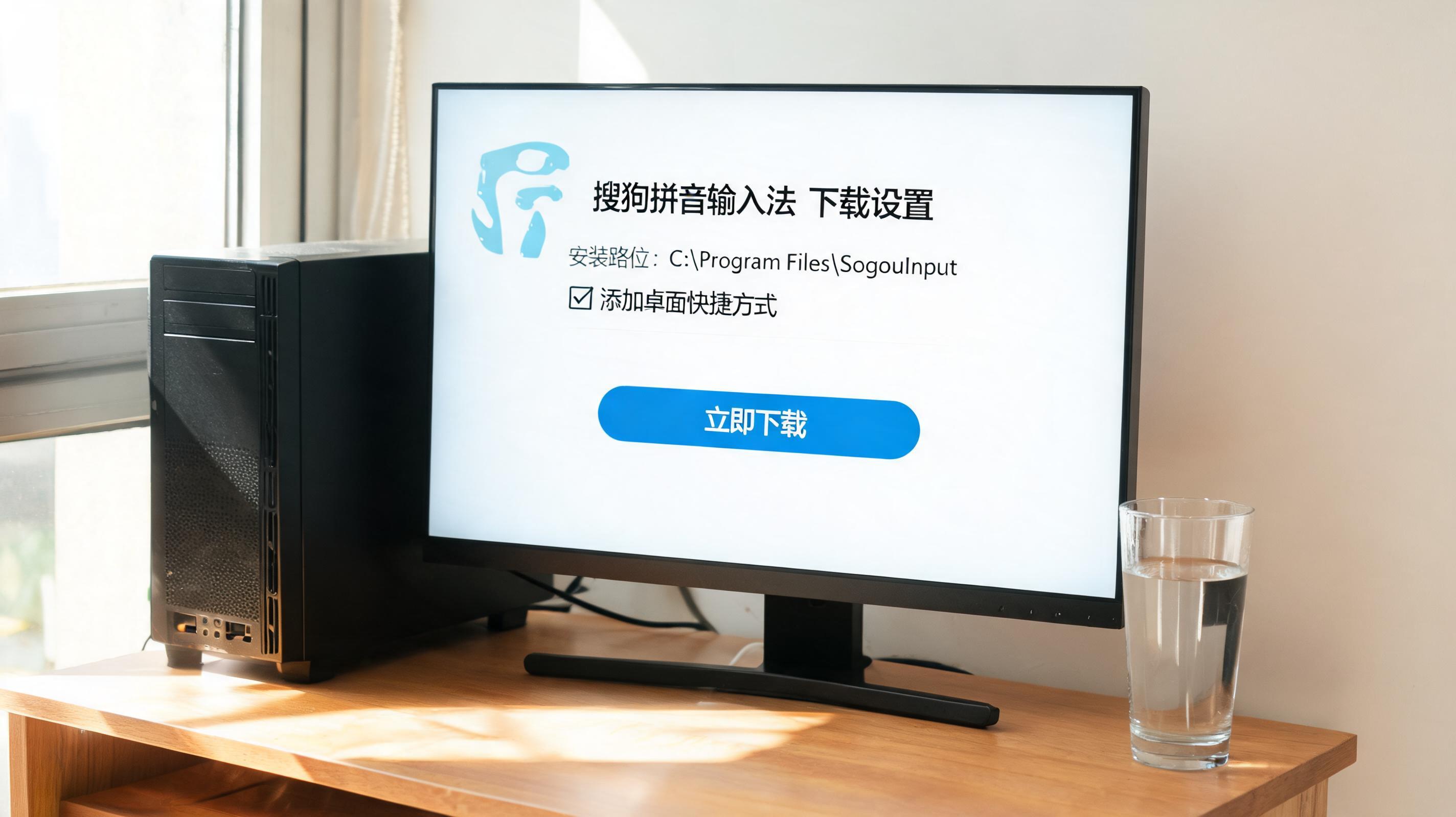 书桌上的主机，屏幕显示搜狗拼音输入法下载设置界面，桌角放着水杯，自然光
