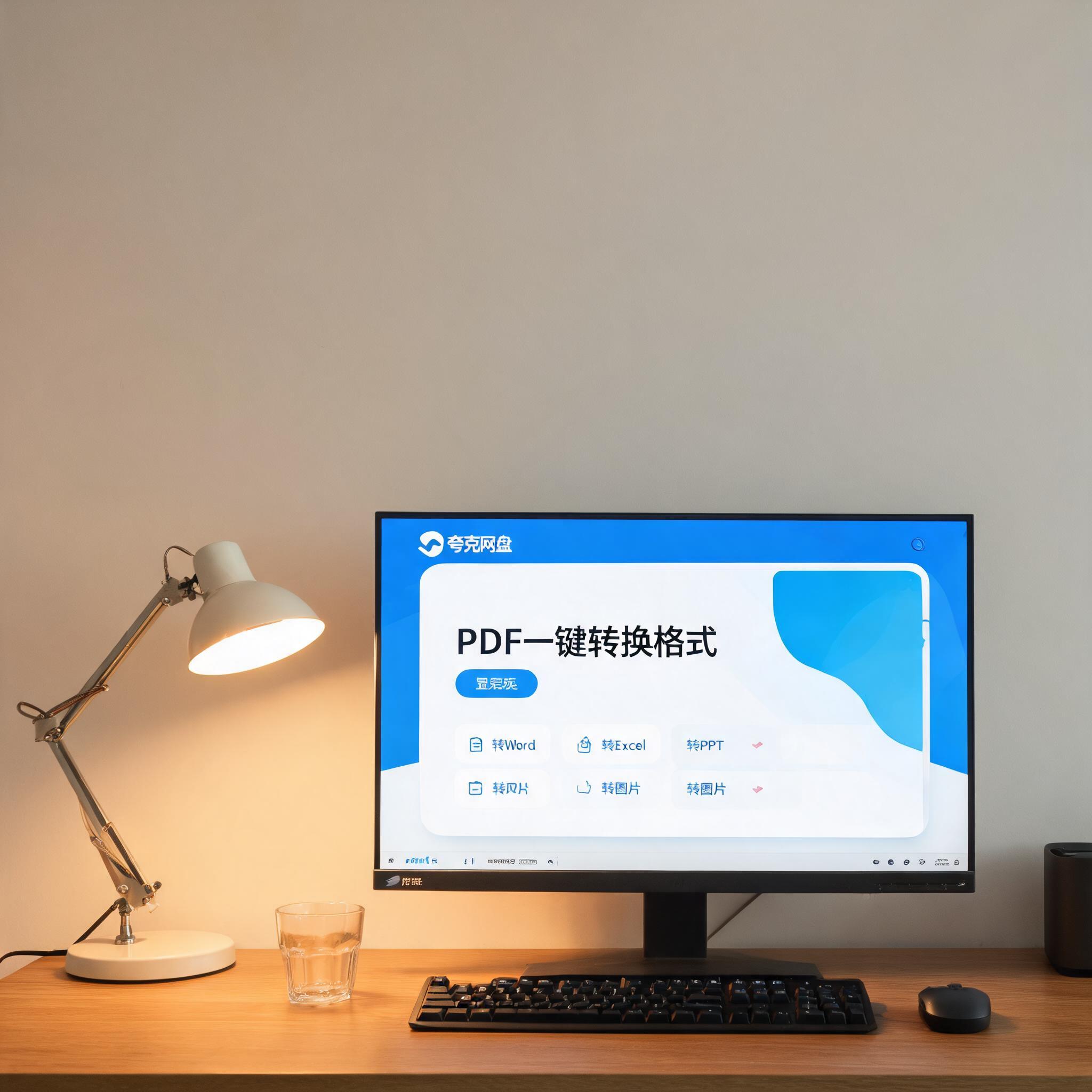 电脑桌上的电脑，屏幕显示夸克网盘 PDF 一键转换格式菜单，旁边放着台灯