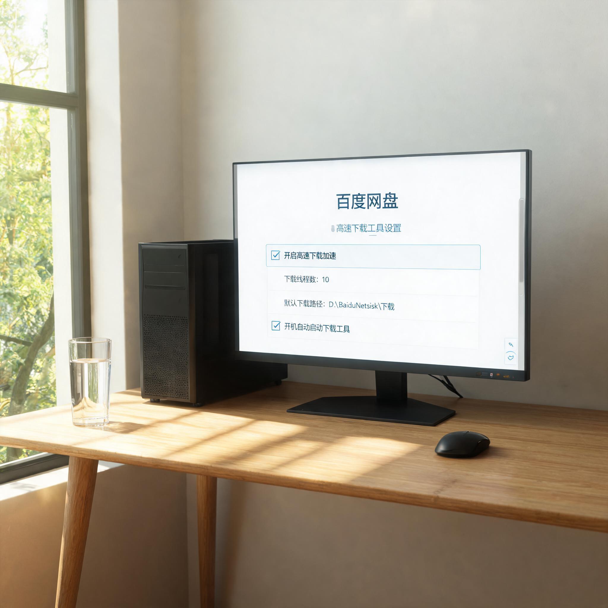 书桌上的主机，屏幕显示百度网盘高速下载工具设置界面，桌角放着水杯，自然光
