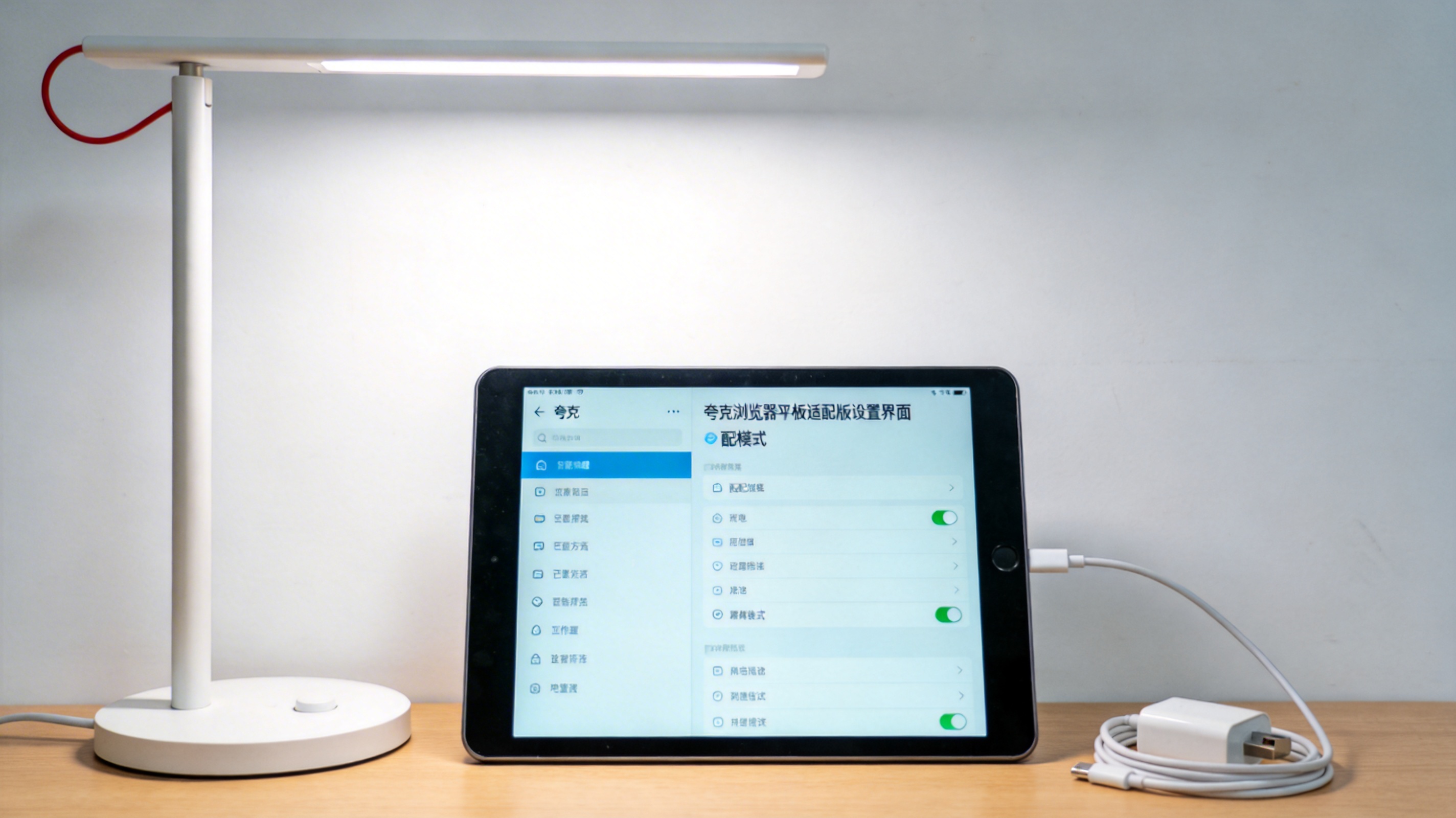 桌面的iPad，屏幕显示夸克浏览器平板适配版的设置界面，平板适配模式选项展开，旁边放着充电线，台灯冷光