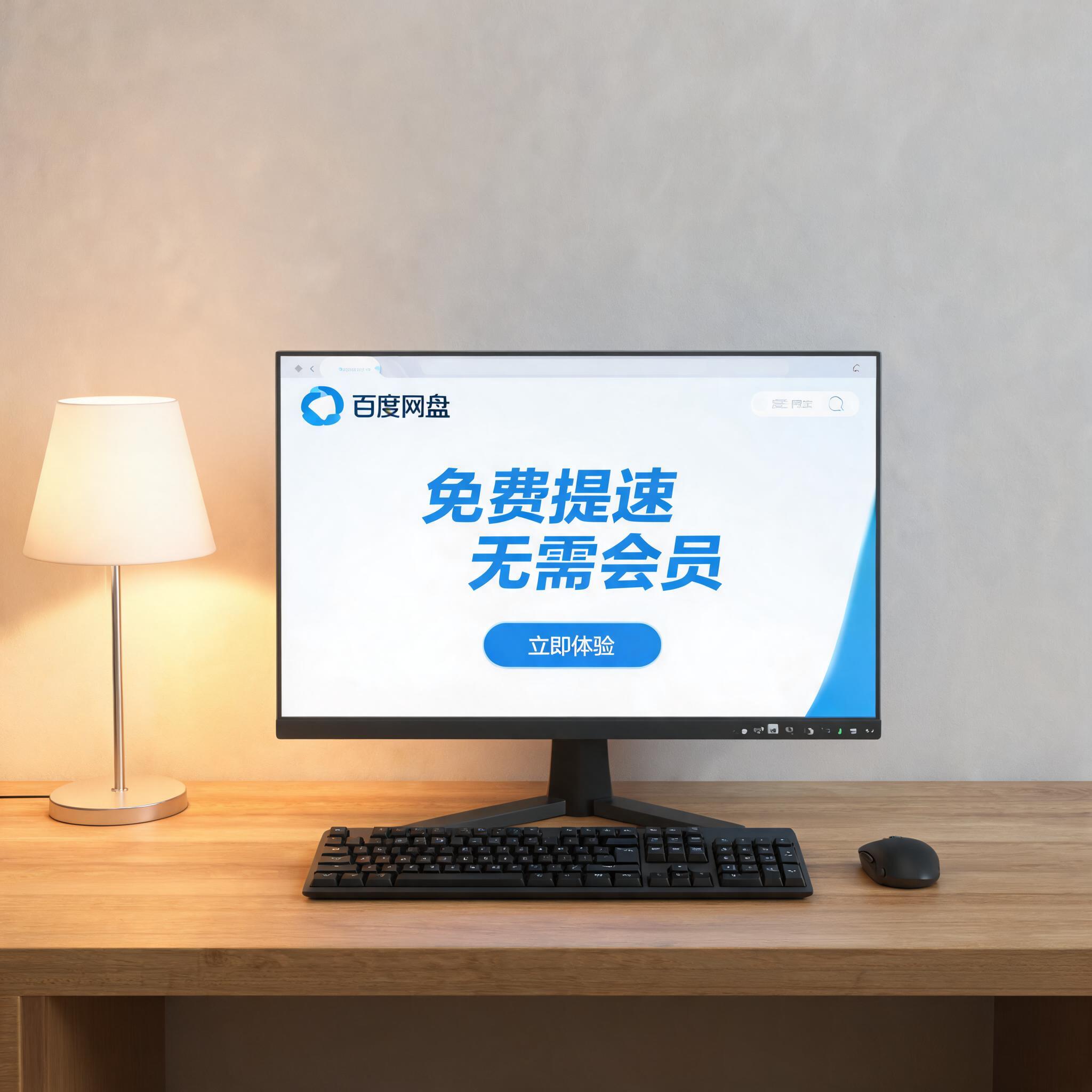 电脑桌上的电脑，屏幕显示百度网盘免费提速无需会员界面，旁边放着台灯