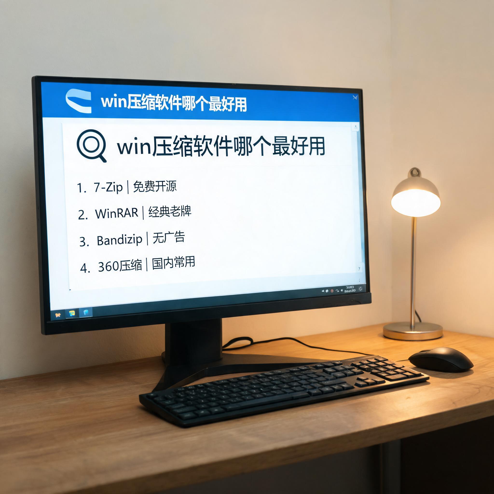 电脑桌上的电脑，屏幕显示win 压缩软件哪个最好用菜单，旁边放着台灯
