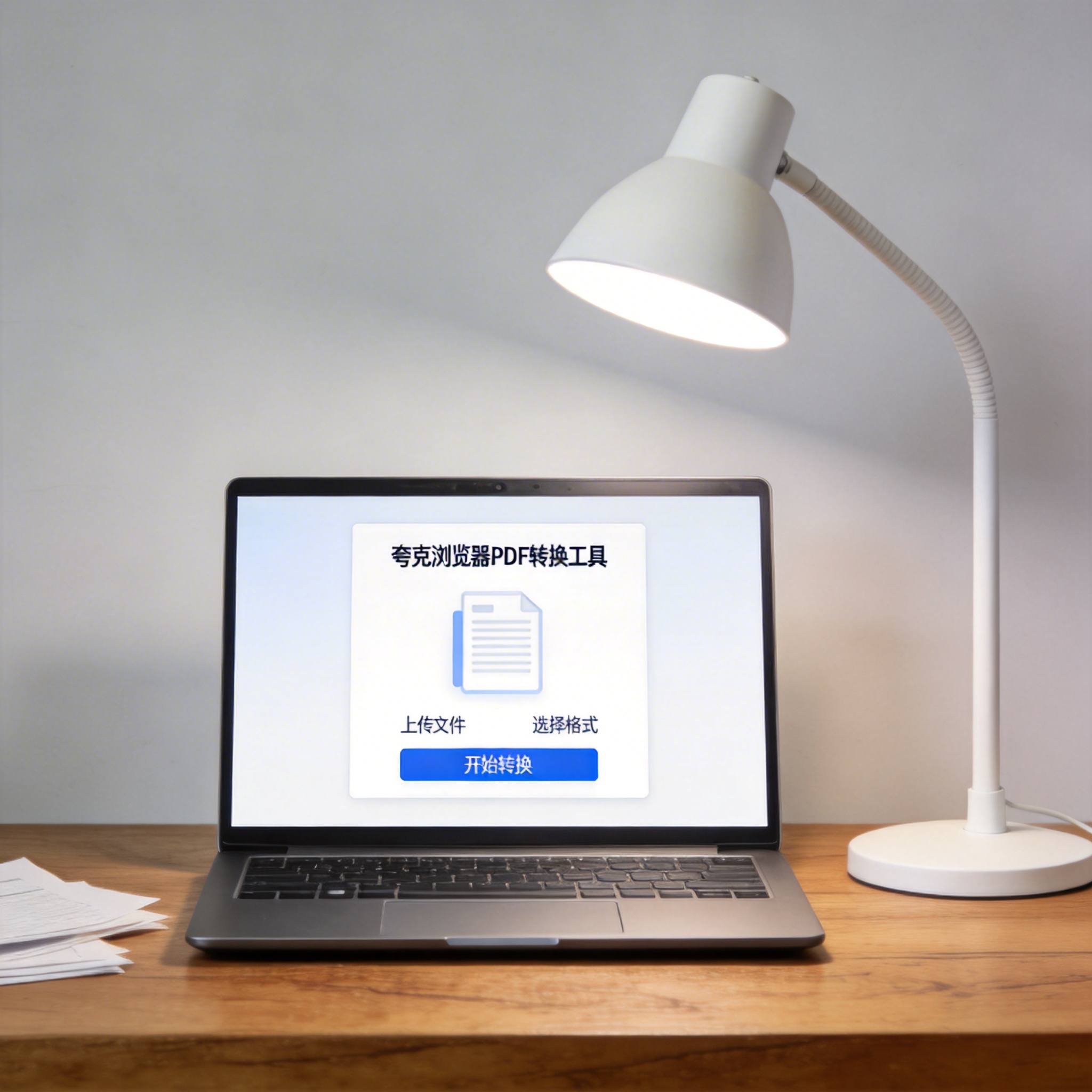 电脑桌上的电脑，屏幕显示夸克浏览器 PDF 转换工具界面，旁边放着台灯