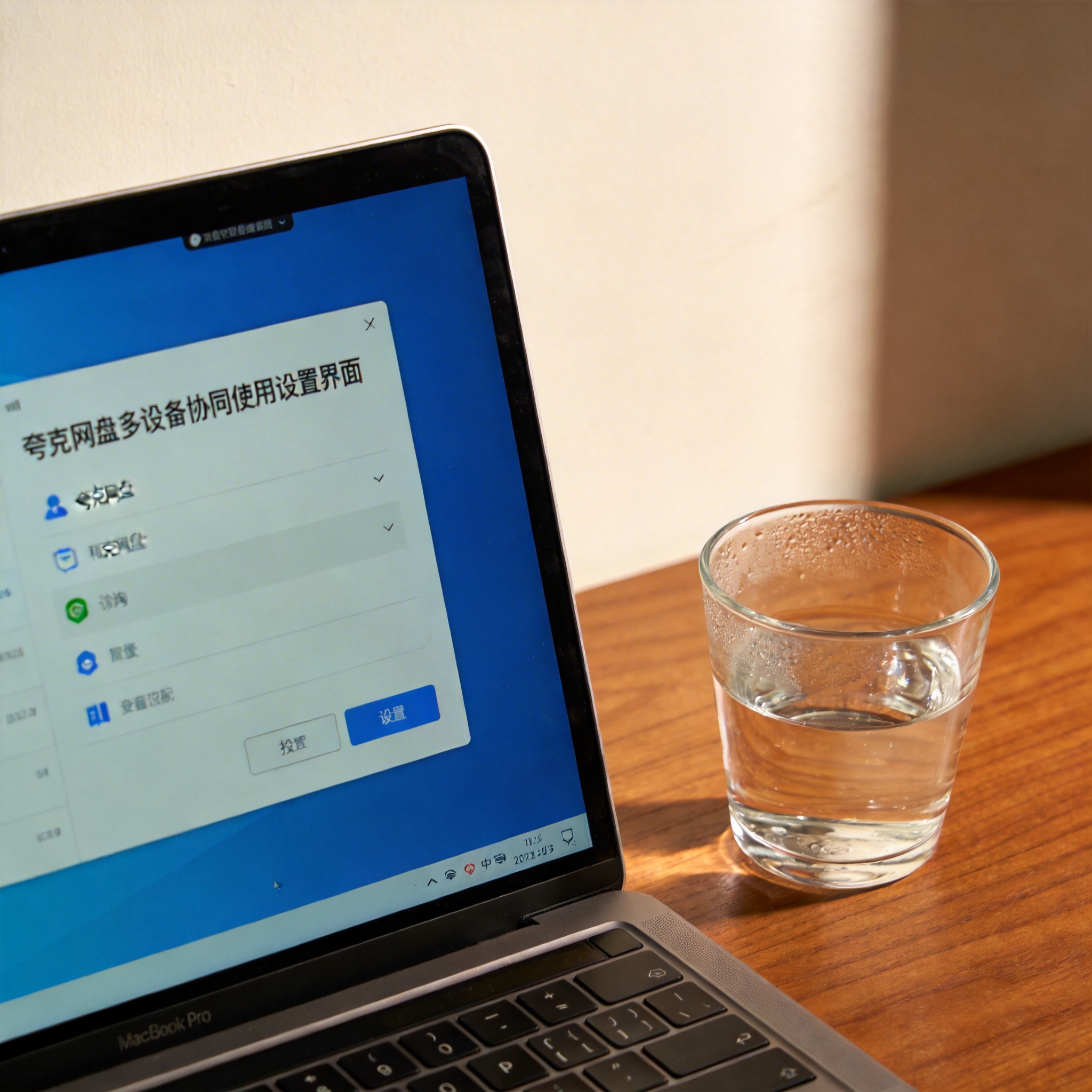 书桌上的笔记本，屏幕显示夸克网盘多设备协同使用设置界面，桌角放着水杯，自然光