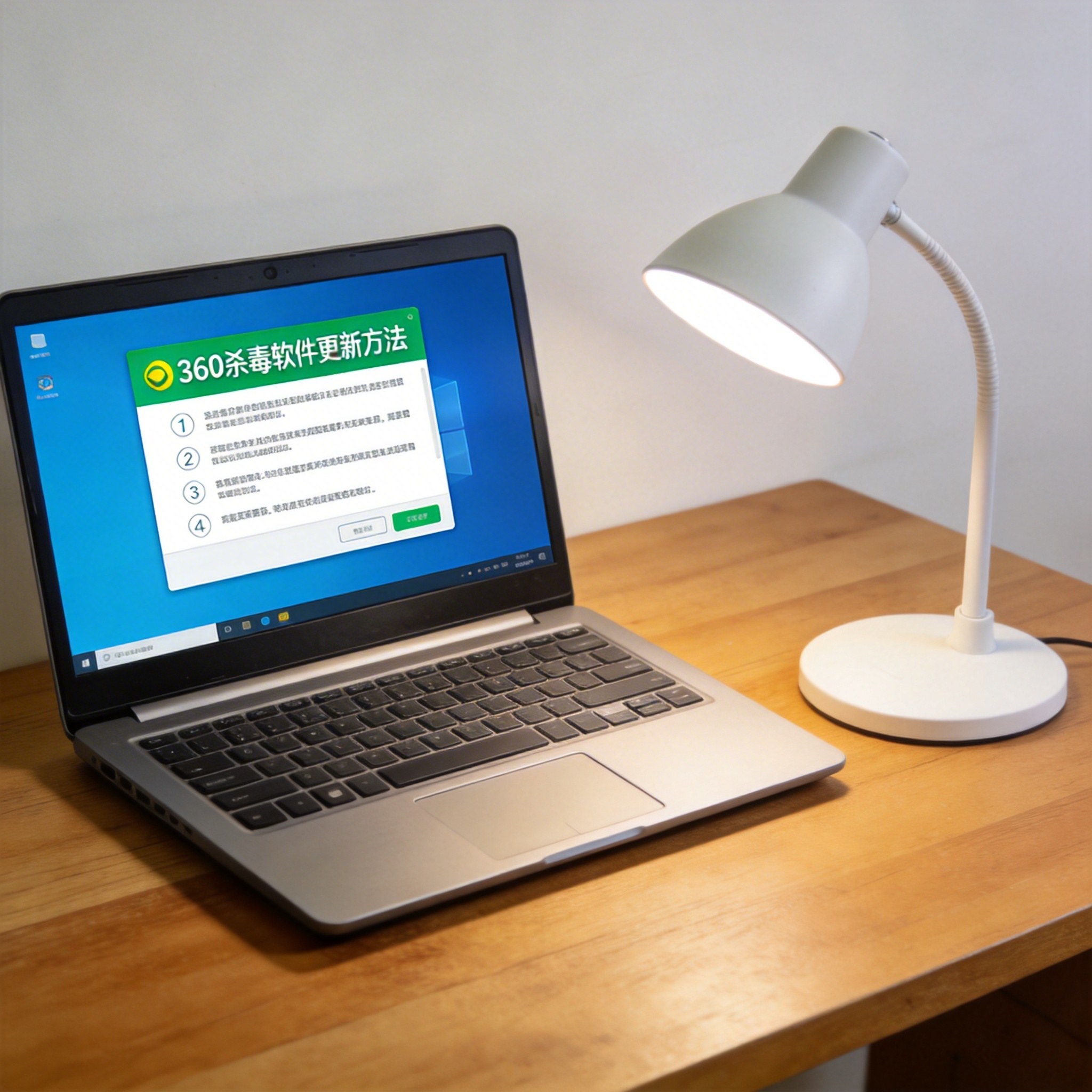电脑桌上的电脑，屏幕显示360 杀毒软件更新方法界面，旁边放着台灯
