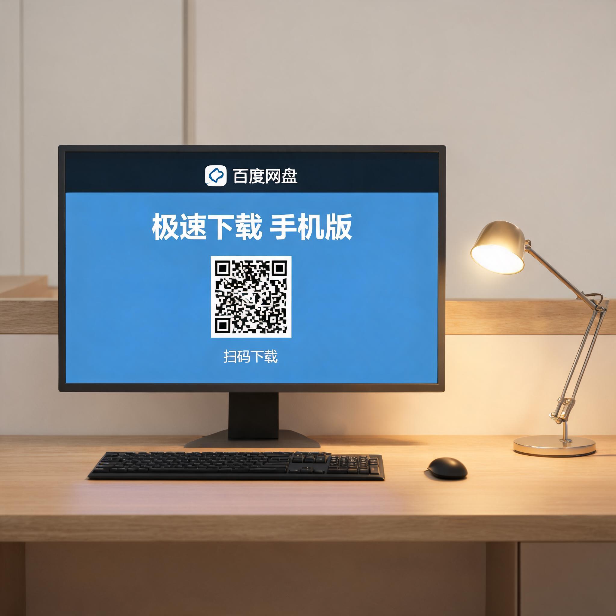 电脑桌上的电脑，屏幕显示百度网盘极速下载手机版界面，旁边放着台灯