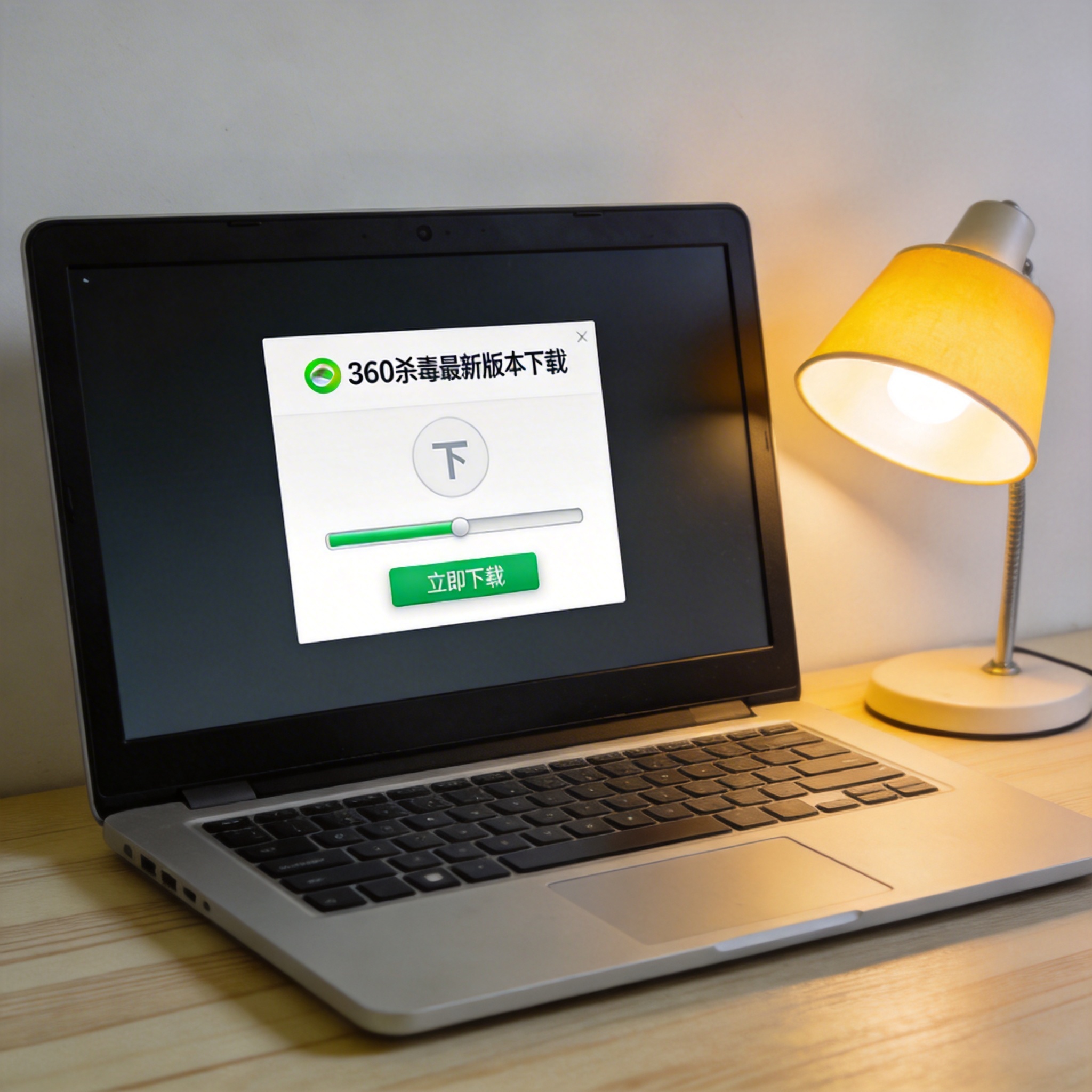 电脑桌上的电脑，屏幕显示360 杀毒最新版本下载界面，旁边放着台灯