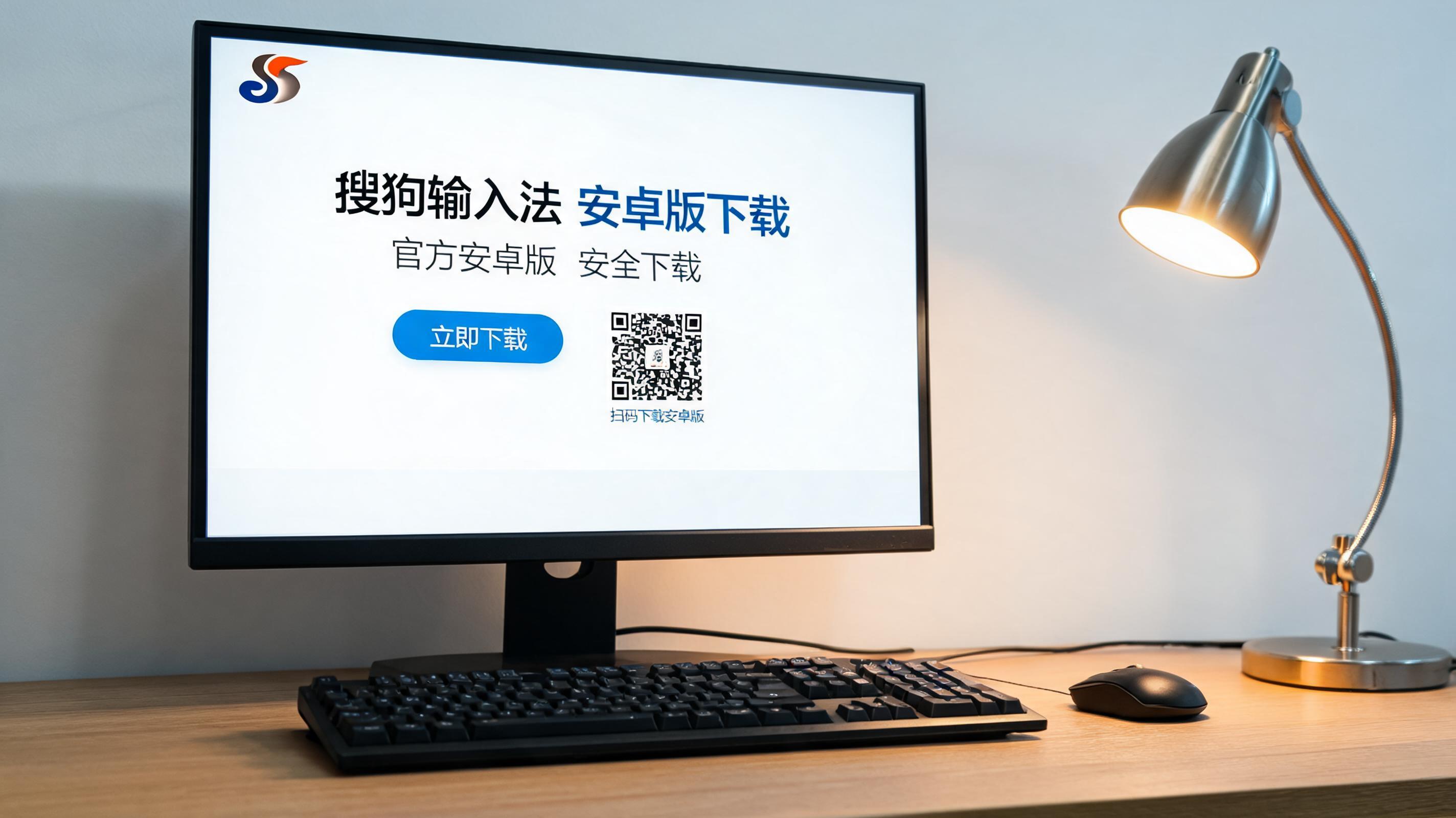 电脑桌上的键盘，屏幕显示搜狗输入法安卓版下载界面，旁边放着台灯