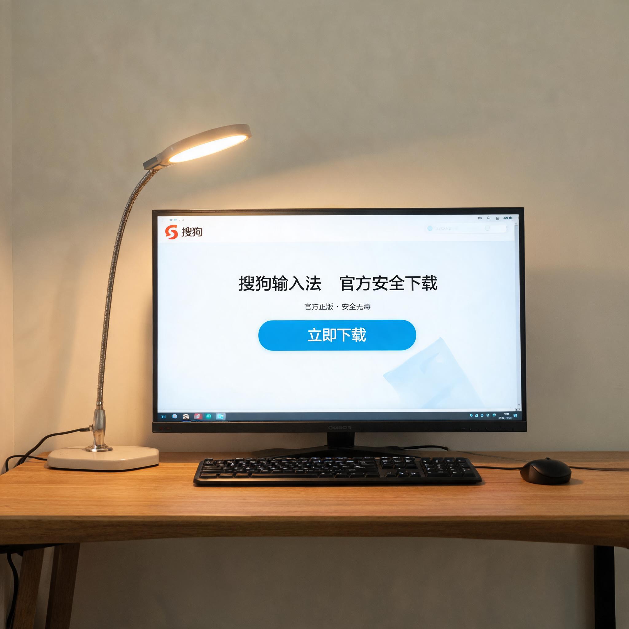 电脑桌上的电脑，屏幕显示搜狗输入法安全官方下载界面，旁边放着台灯