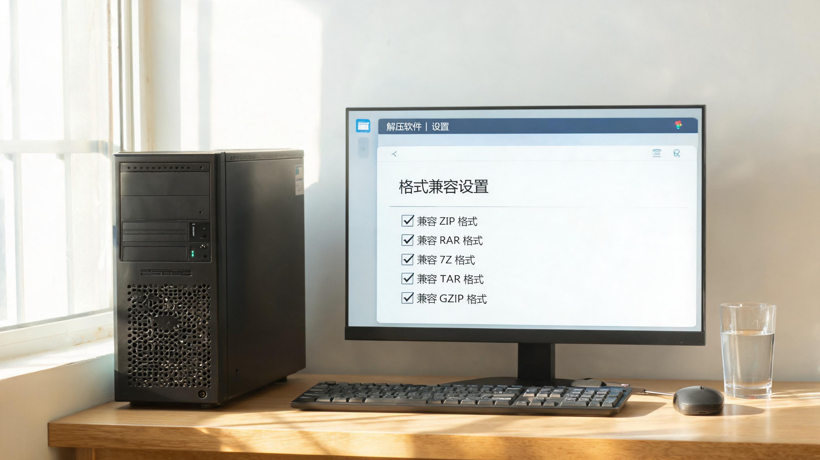 书桌上的主机，屏幕显示多格式兼容解压缩软件设置界面，桌角放着水杯，自然光