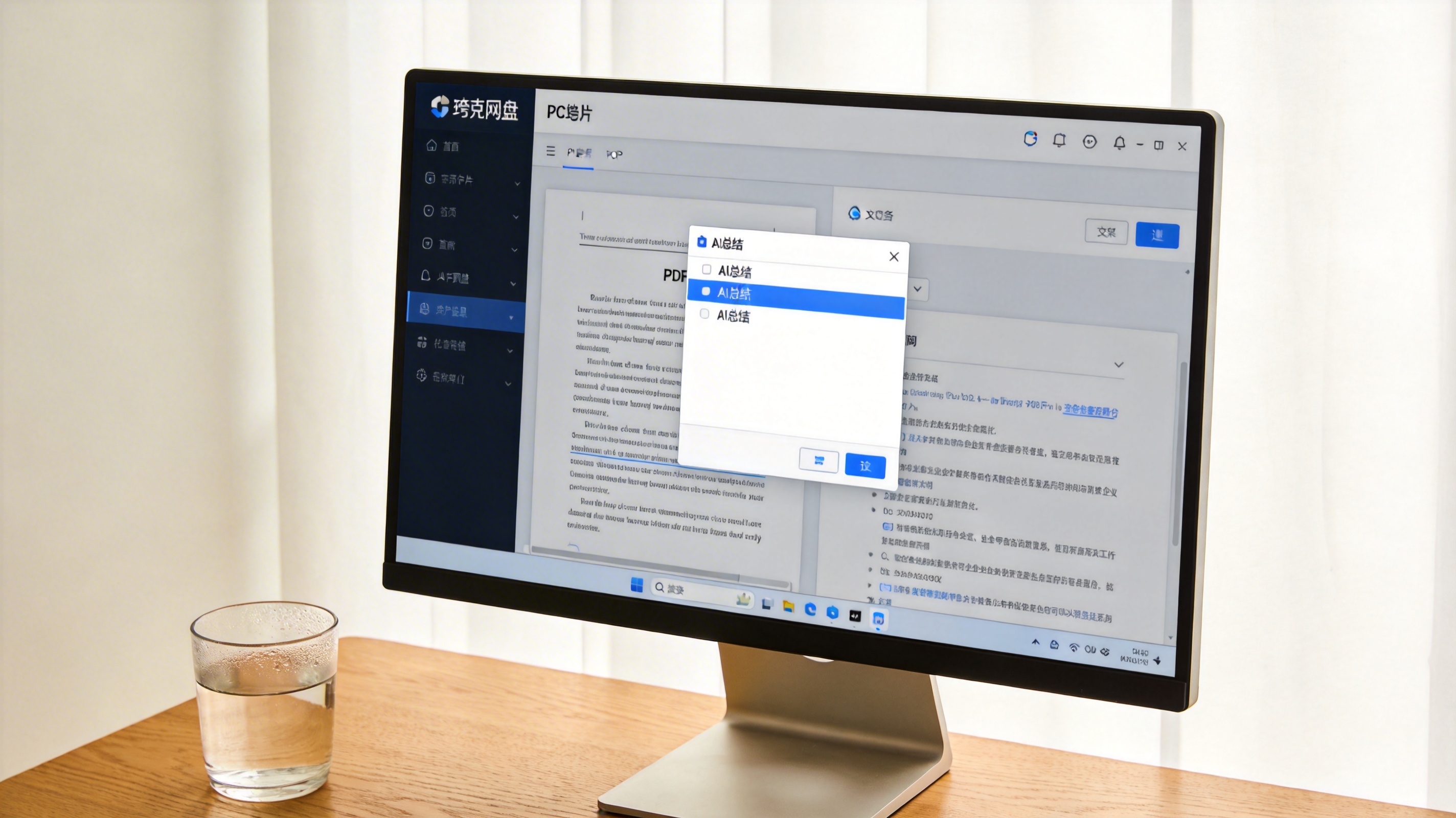 电脑桌面，屏幕显示夸克网盘PC客户端界面，其中一份PDF文件右键菜单展开，显示“AI总结”选项，桌面角落放着半杯温水，室内自然光