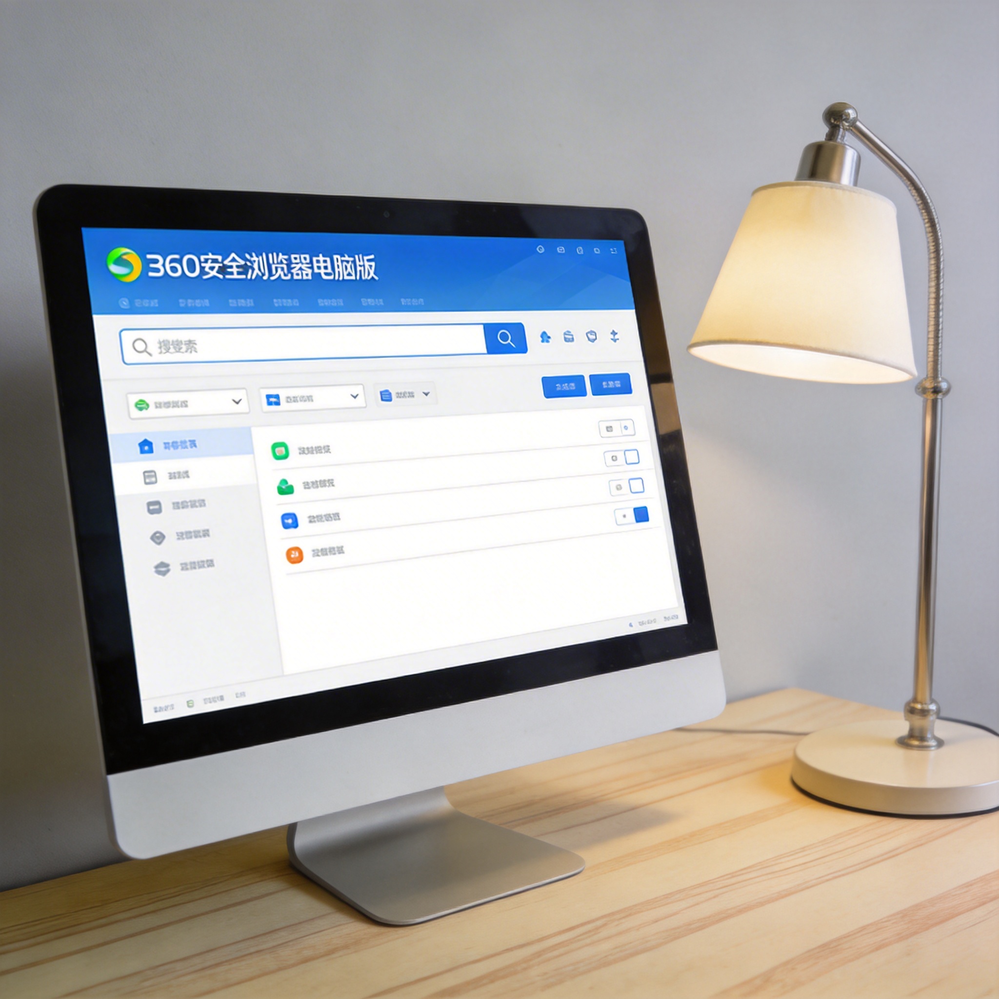电脑桌上的电脑，屏幕显示360 安全浏览器电脑版界面，旁边放着台灯