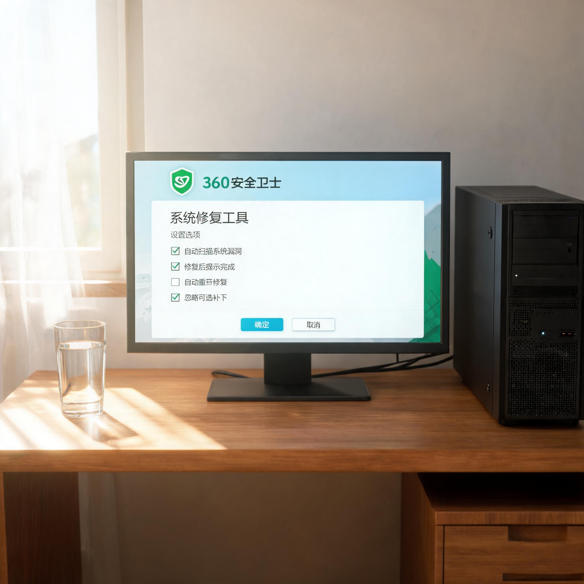 书桌上的主机，屏幕显示360 卫士系统修复工具设置界面，桌角放着水杯，自然光