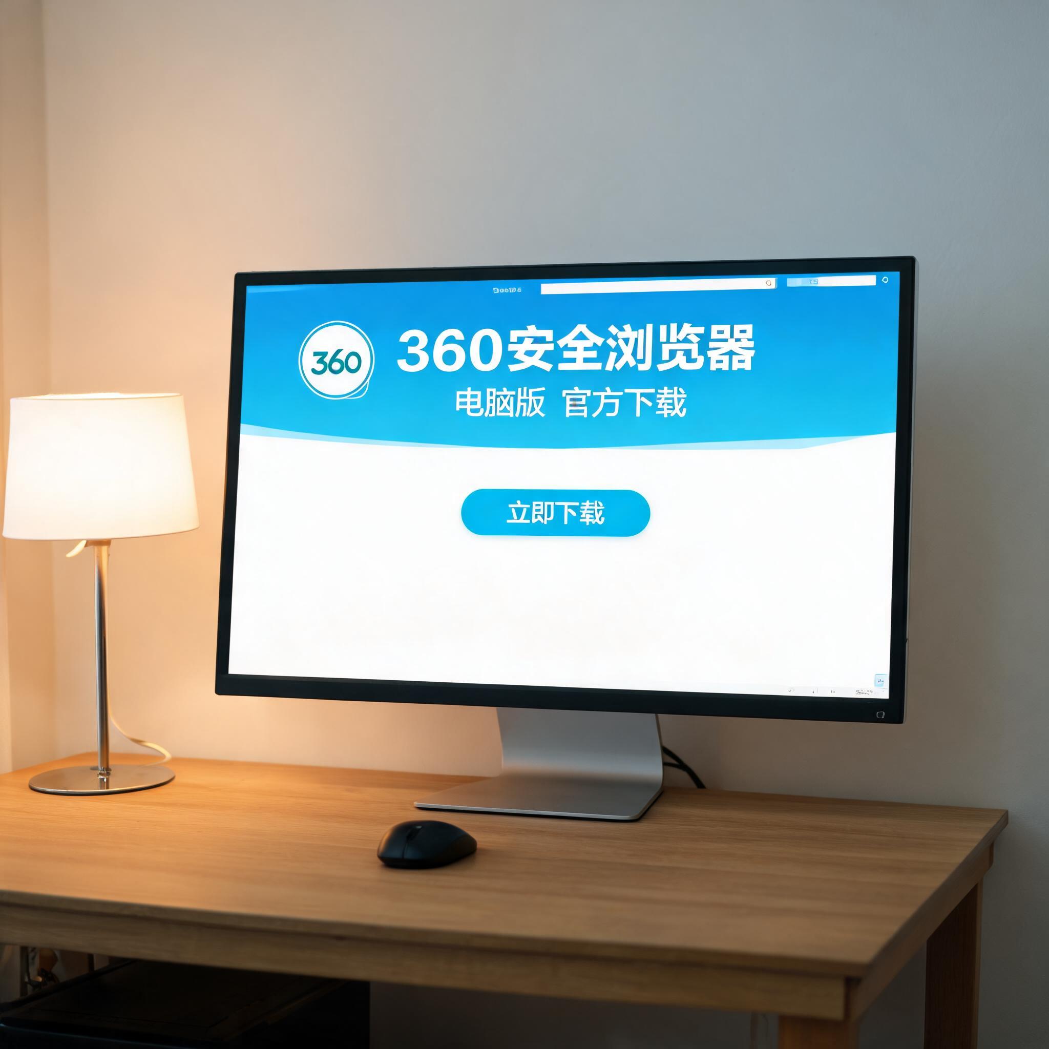电脑桌上的电脑，屏幕显示360 安全浏览器电脑版下载界面，旁边放着台灯