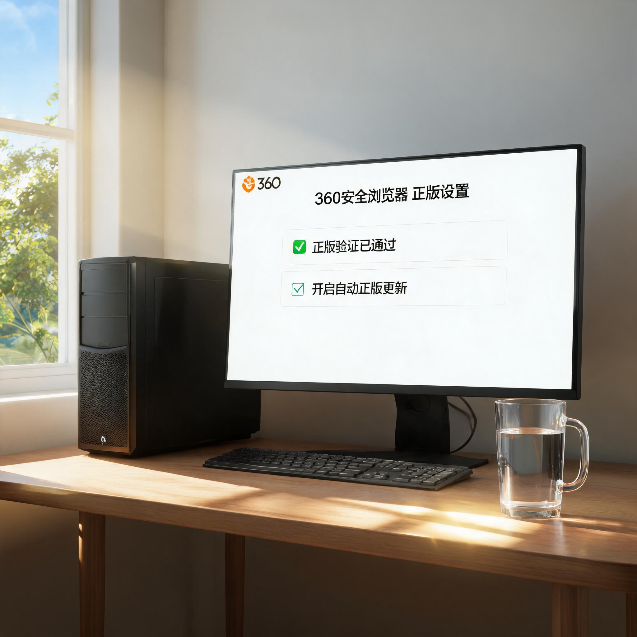 书桌上的主机，屏幕显示360 浏览器正版设置界面，桌角放着水杯，自然光