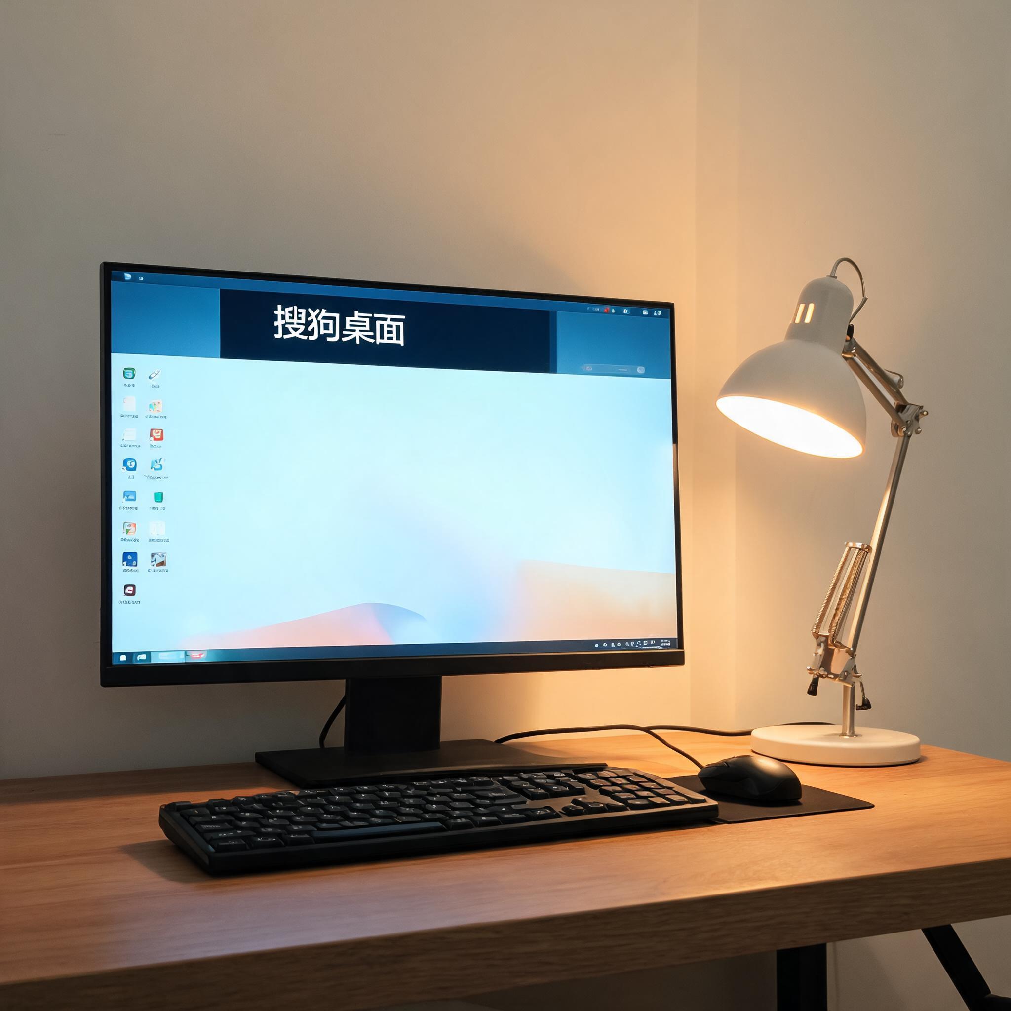 电脑桌上的电脑，屏幕显示搜狗桌面，旁边放着台灯