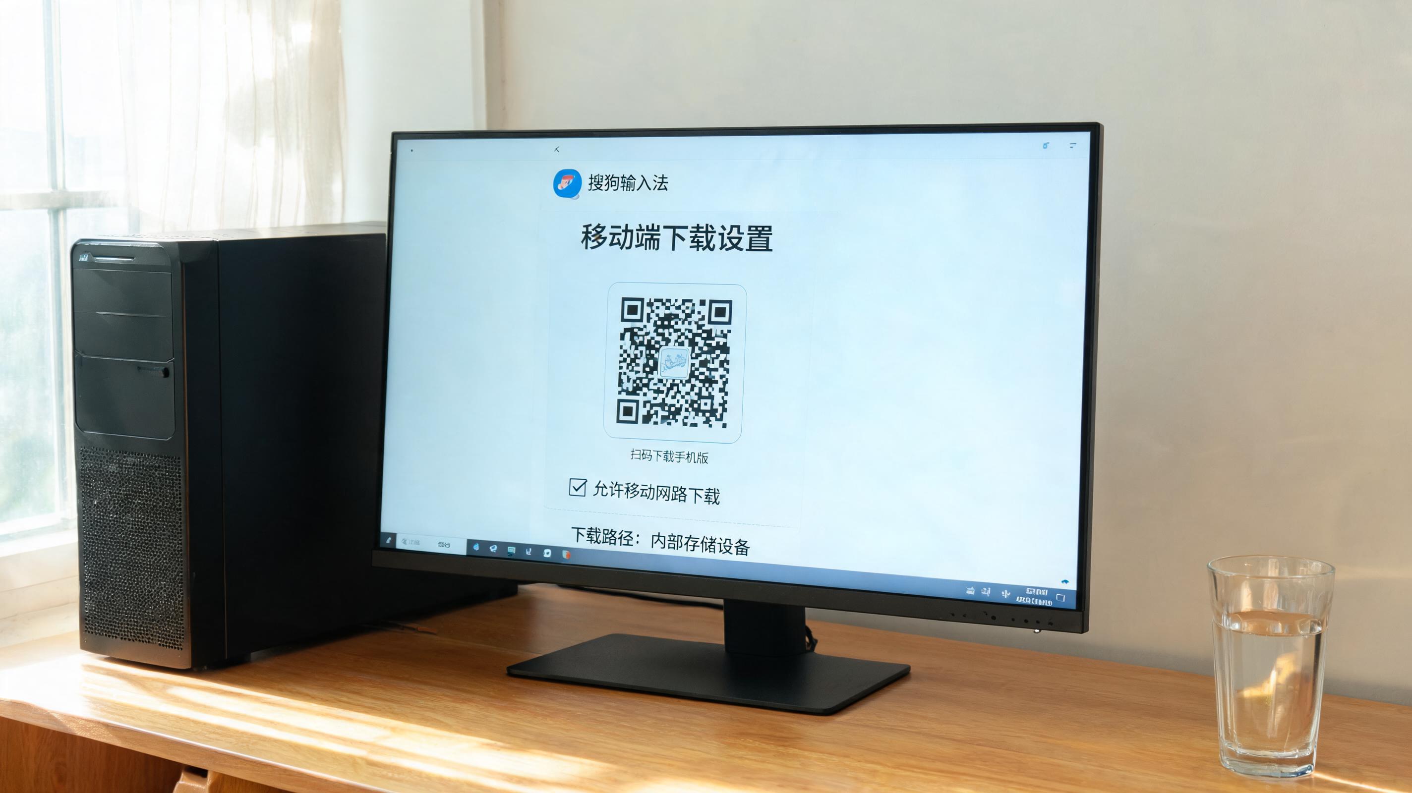 书桌上的主机，屏幕显示移动端搜狗输入法下载设置界面，桌角放着水杯，自然光