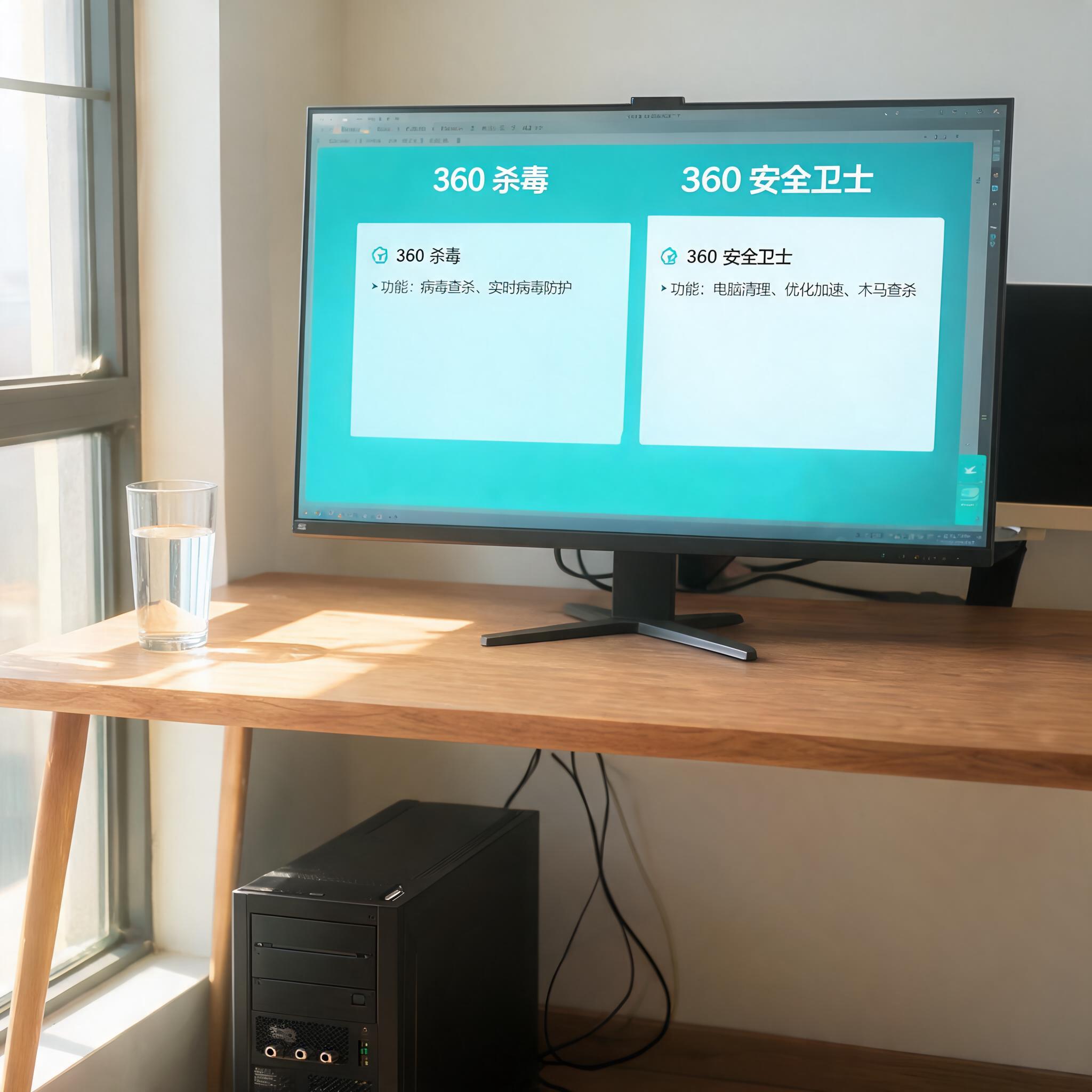 书桌上的主机，屏幕显示360 杀毒和 360 安全卫士区别设置界面，桌角放着水杯，自然光