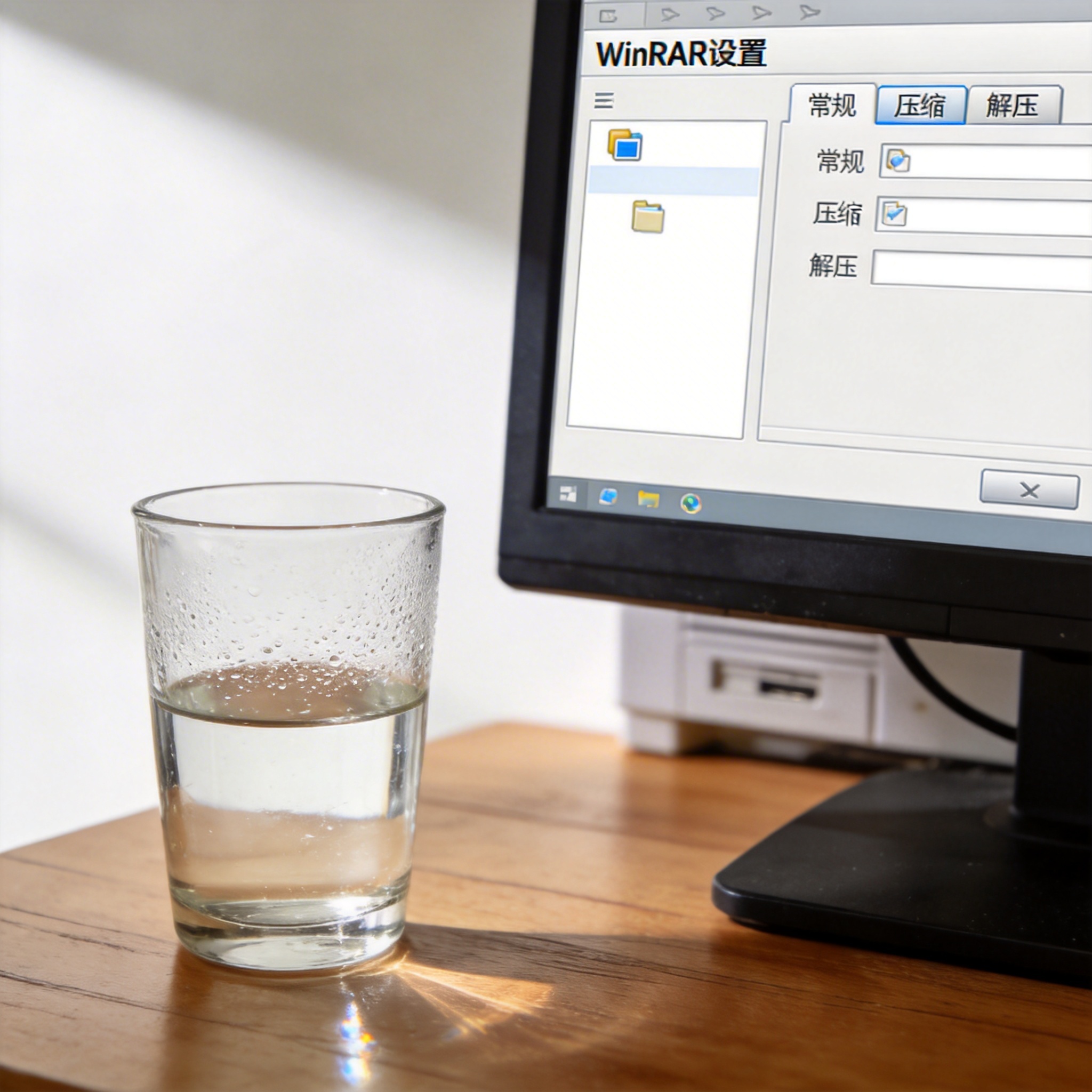 书桌上的主机，屏幕显示电脑 win 压缩解压缩软件设置界面，桌角放着水杯，自然光