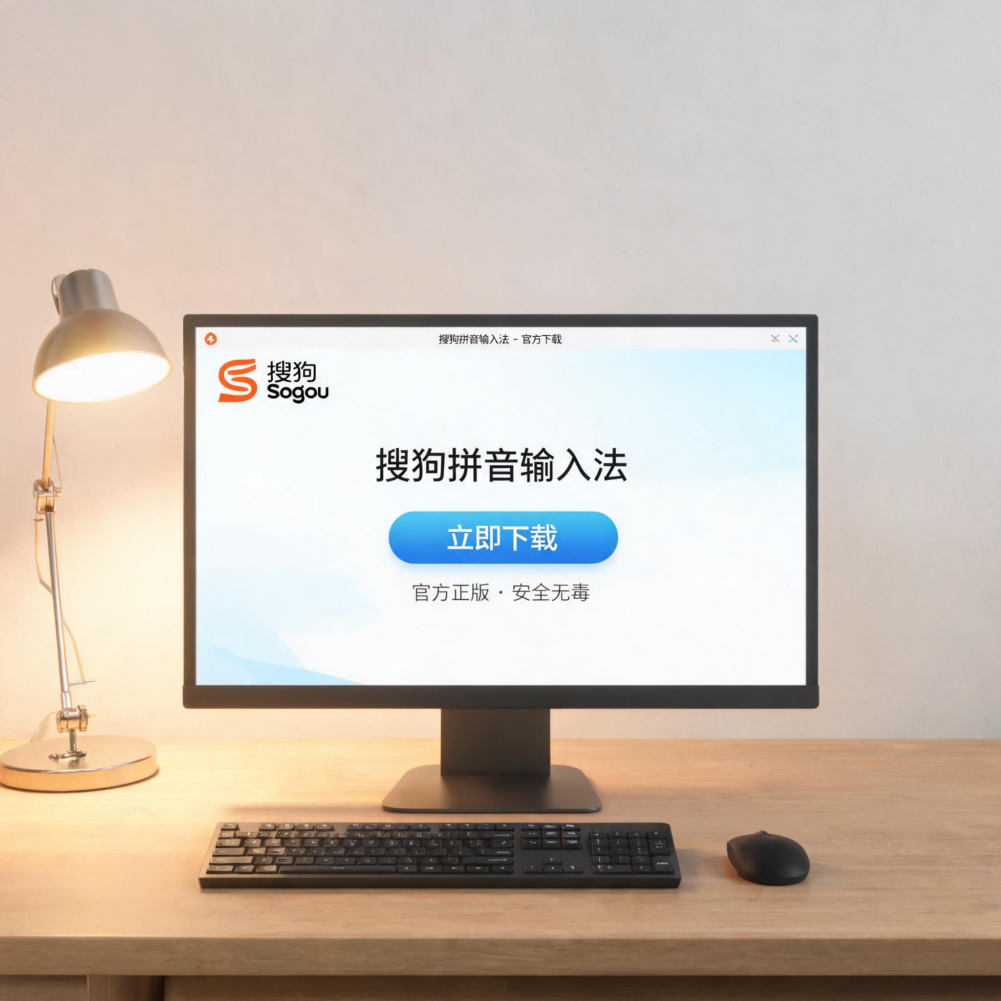 电脑桌上的电脑，屏幕显示搜狗拼音输入法下载界面，旁边放着台灯