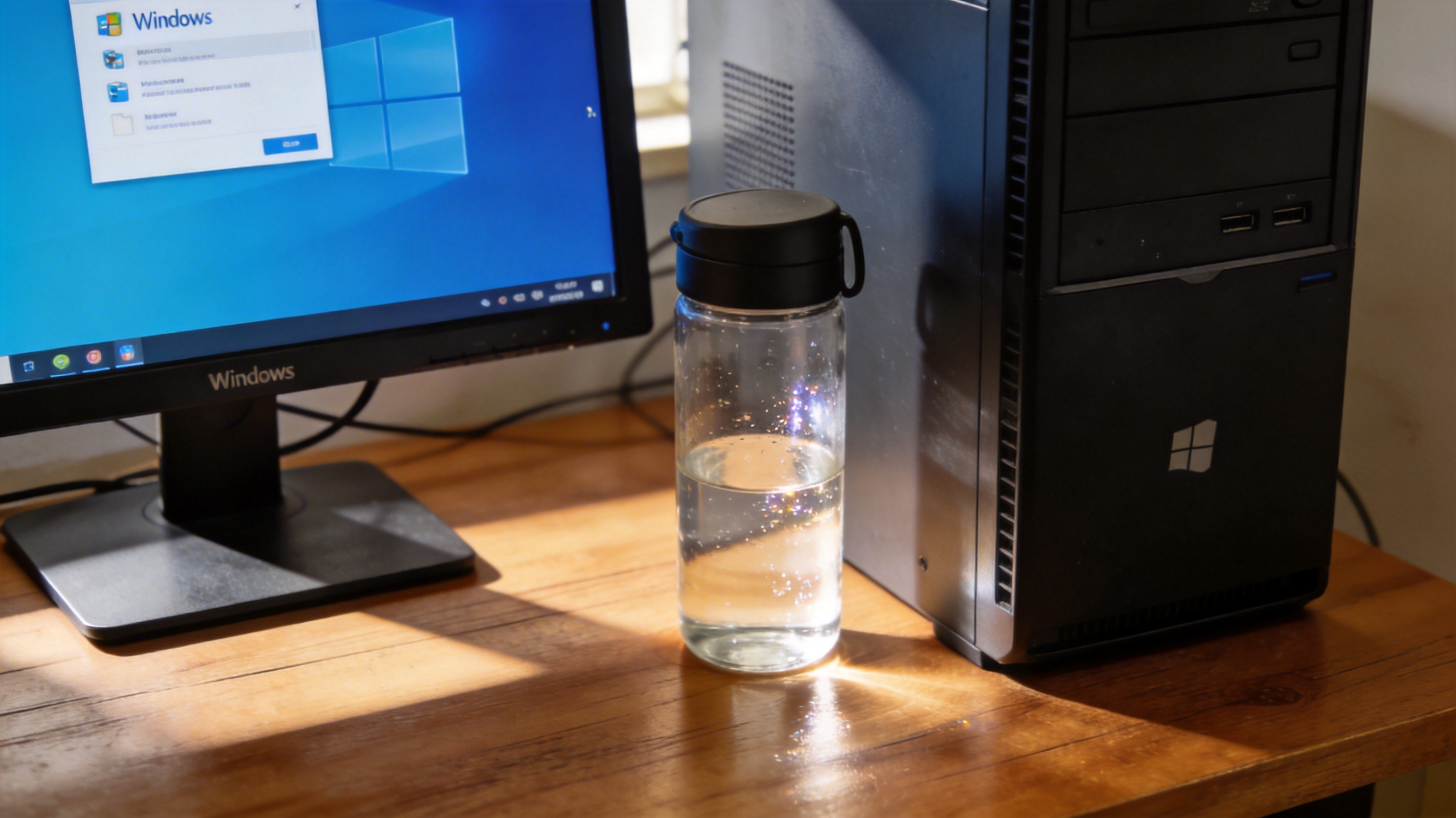 书桌上的主机，屏幕显示Windows设置界面，桌角放着水杯，自然光