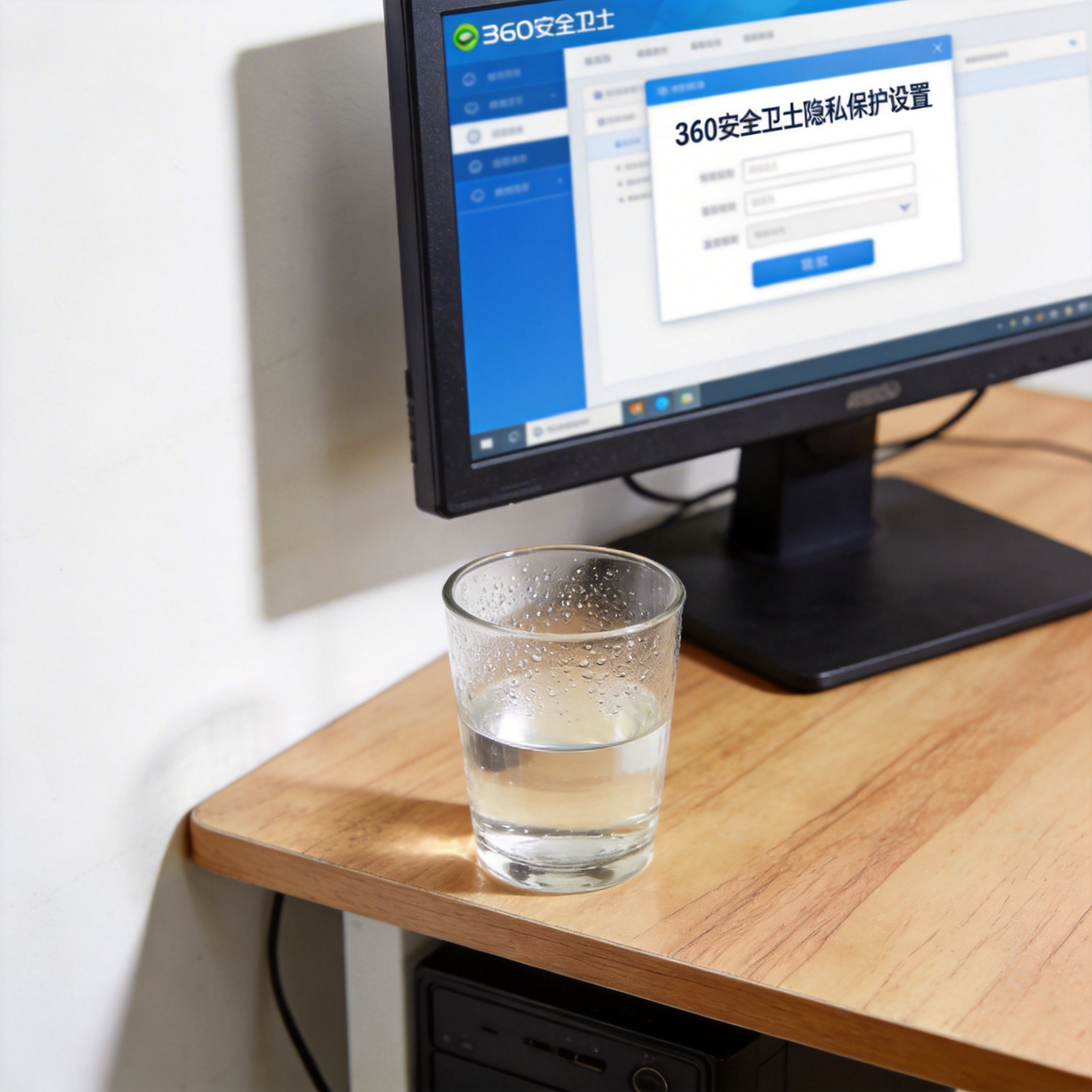 书桌上的主机，屏幕显示360 安全卫士隐私保护设置设置界面，桌角放着水杯，自然光