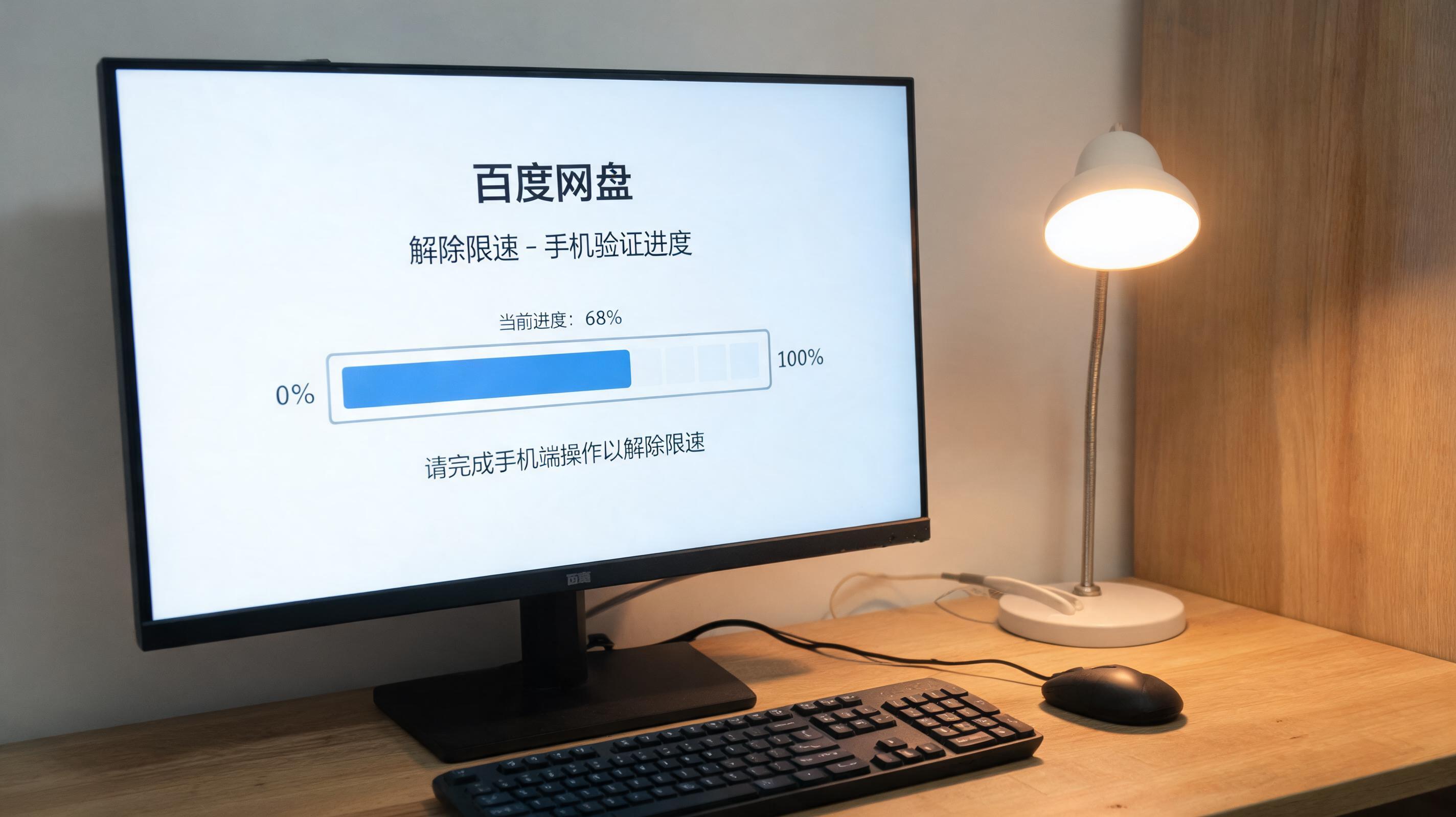 电脑桌上的电脑，屏幕显示百度网盘解除限速手机进度条，旁边放着台灯