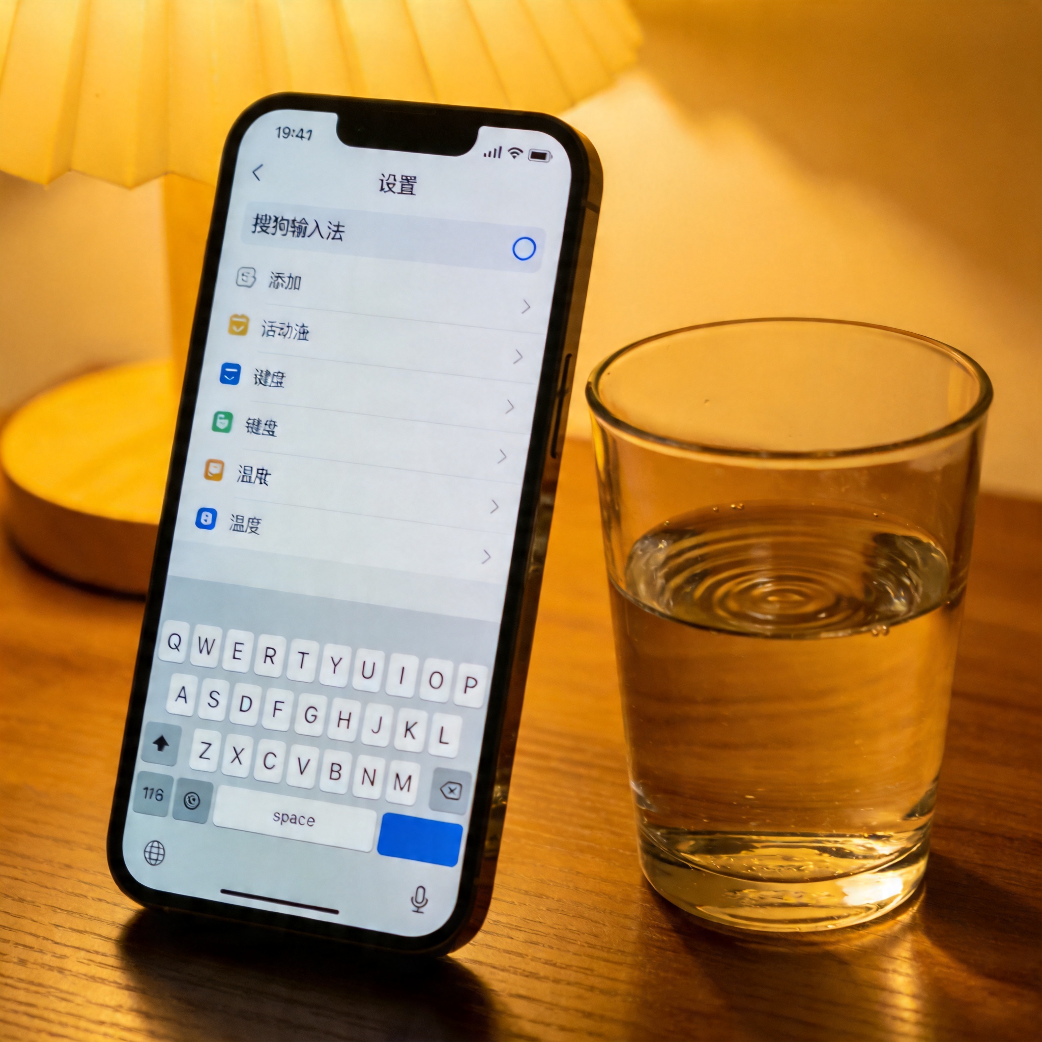 桌面的iPhone屏幕显示设置里的键盘添加界面，已选中搜狗输入法，旁边放着半杯温水，台灯暖光