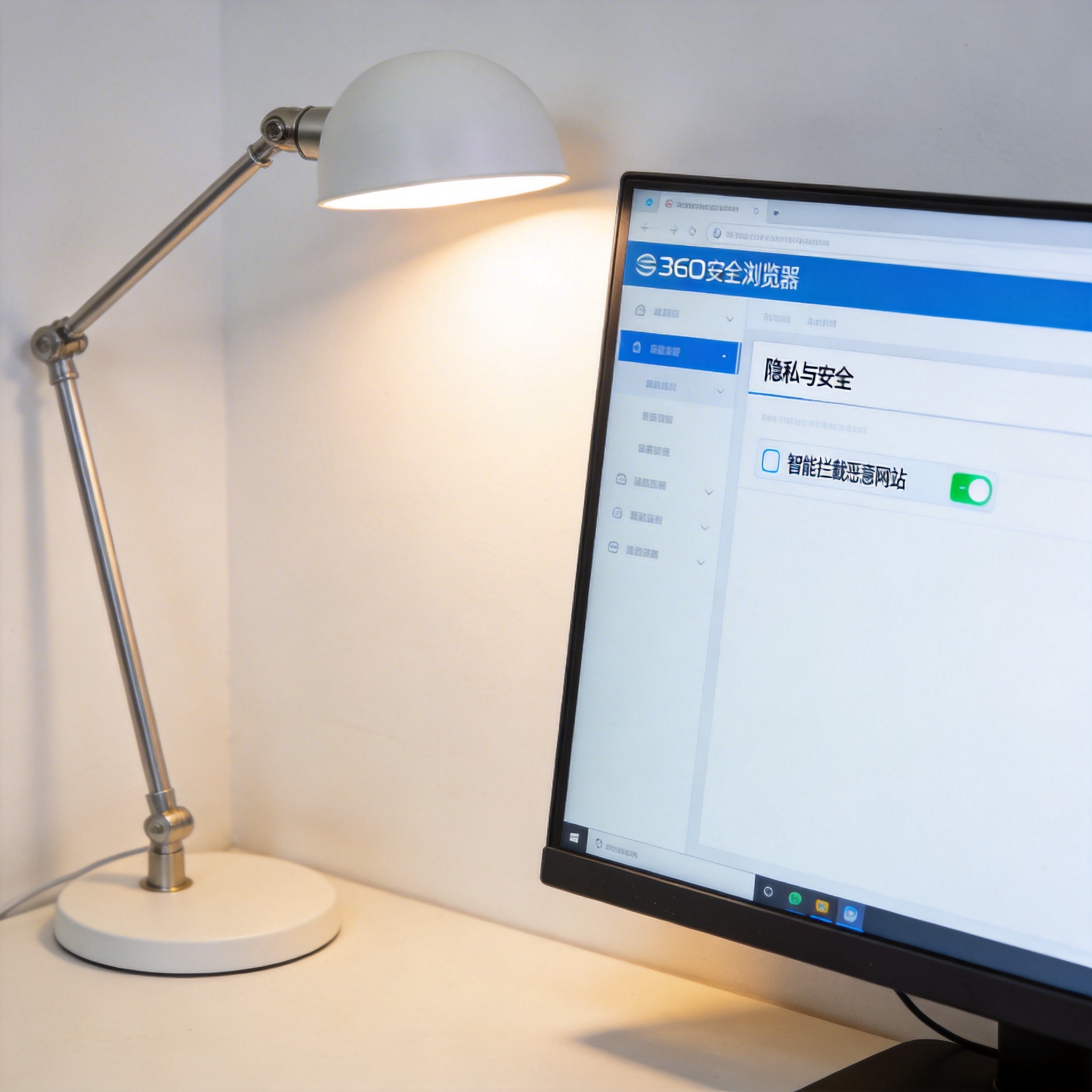 电脑屏幕显示360安全浏览器选项页面，隐私与安全栏开启智能拦截恶意网站，桌面角落有台灯，屏幕光照明