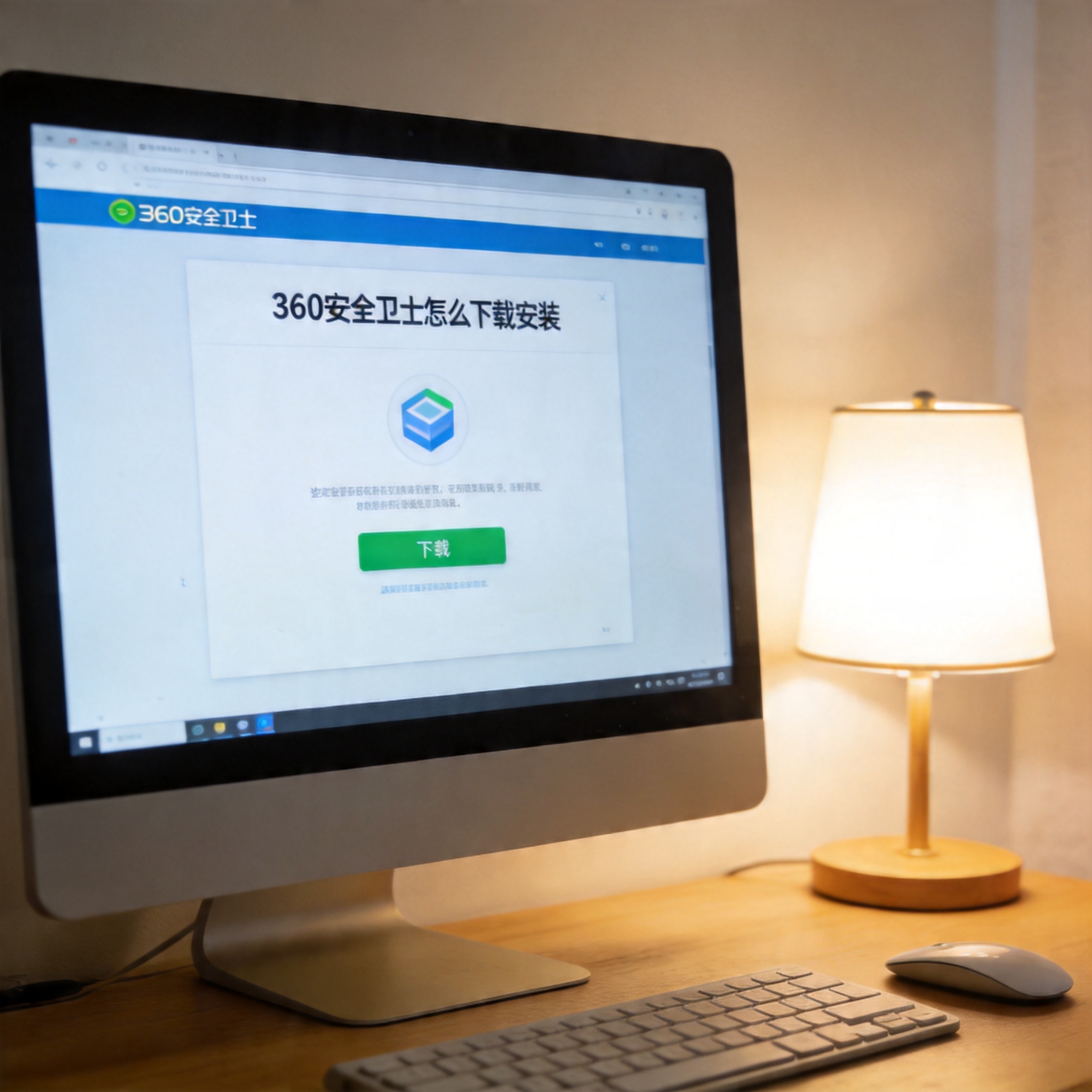 电脑桌上的电脑，屏幕显示360 安全卫士怎么下载安装界面，旁边放着台灯