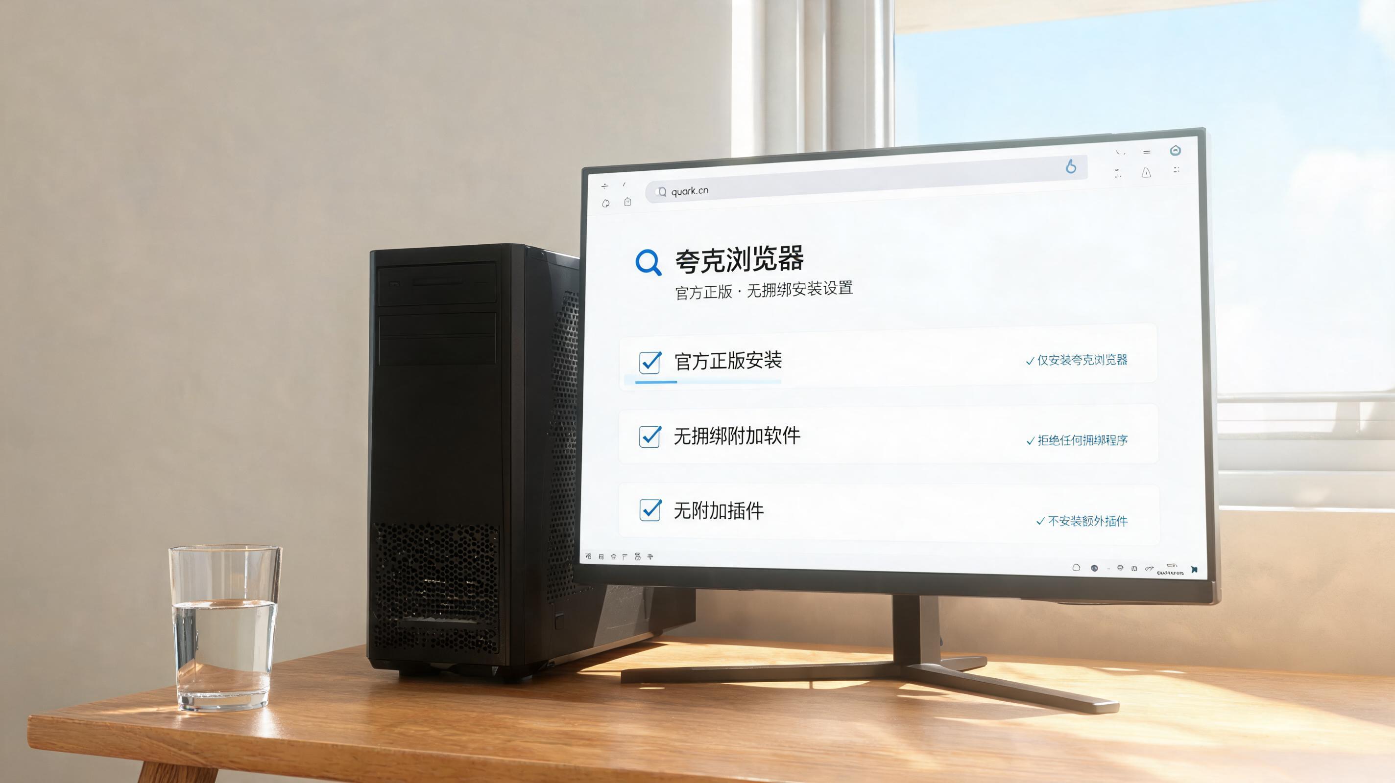 书桌上的主机，屏幕显示夸克浏览器官方正版无捆绑设置界面，桌角放着水杯，自然光