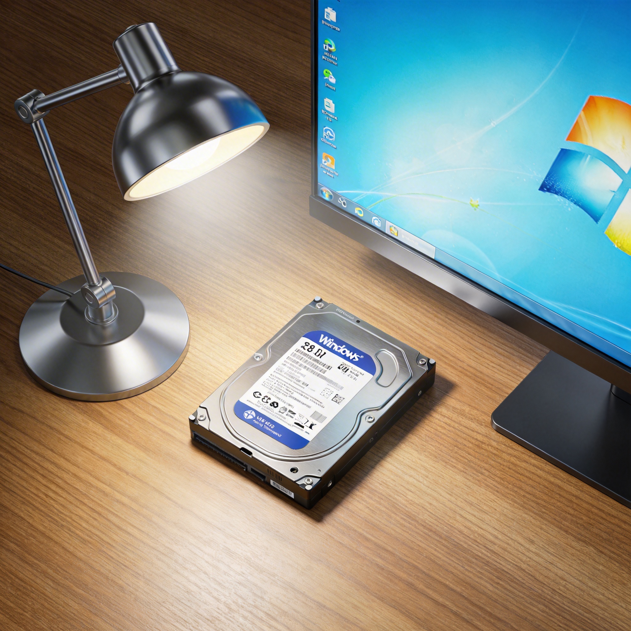 电脑桌上的硬盘，屏幕显示Windows界面，旁边放着台灯